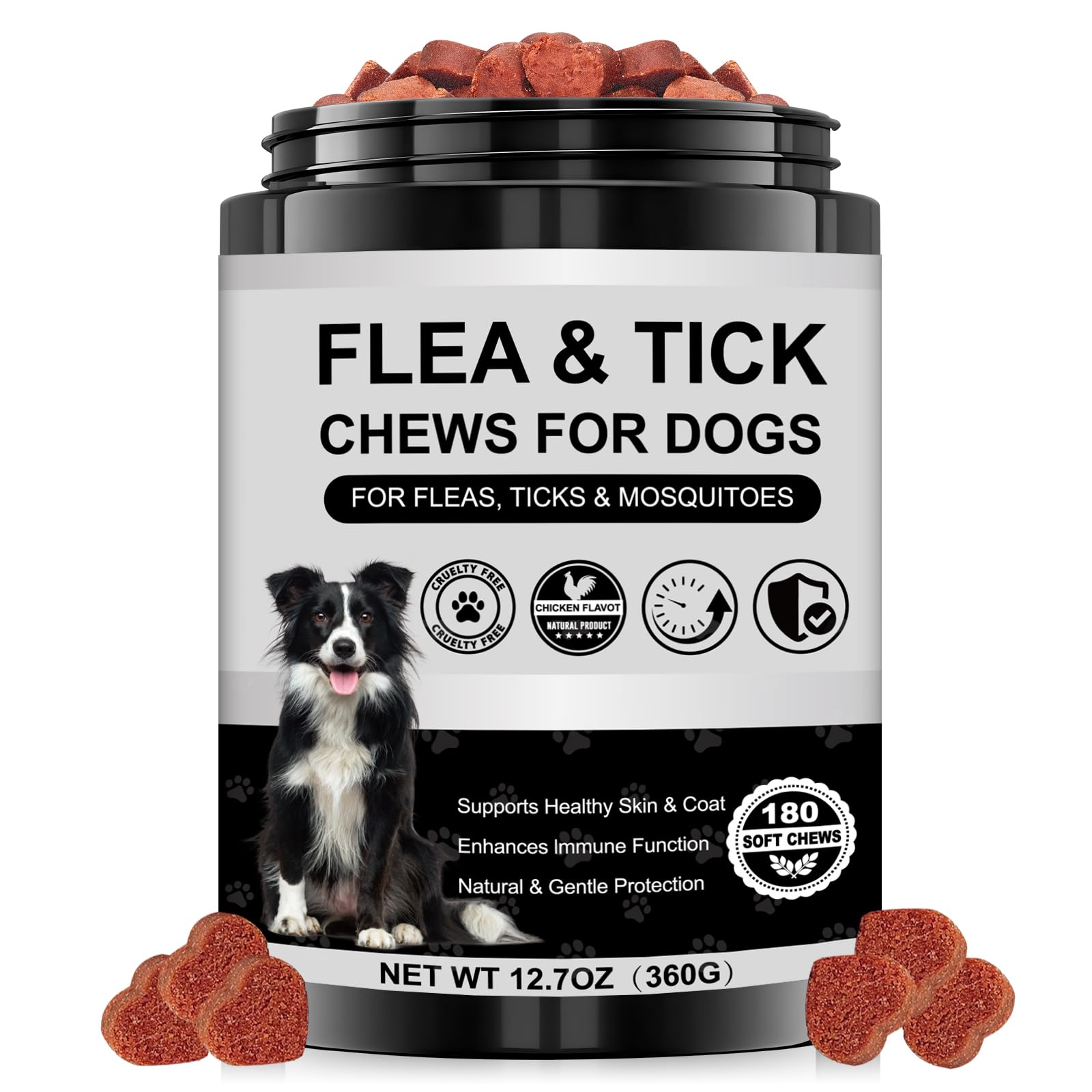 Xaninp dog flea tick chew bottle showcases easy-to-serve soft chews for daily wellness.