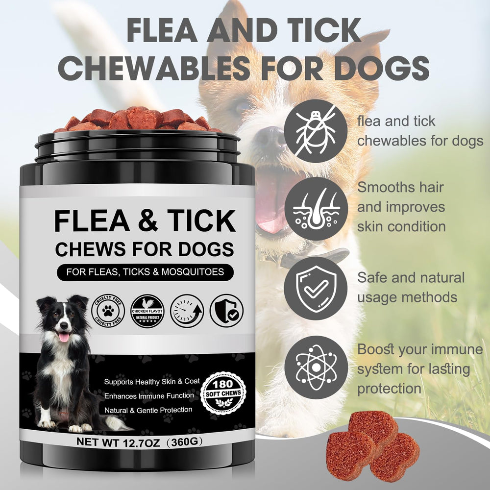 Xaninp dog flea tick chews pack emphasizes convenient daily dosing with chicken flavor.