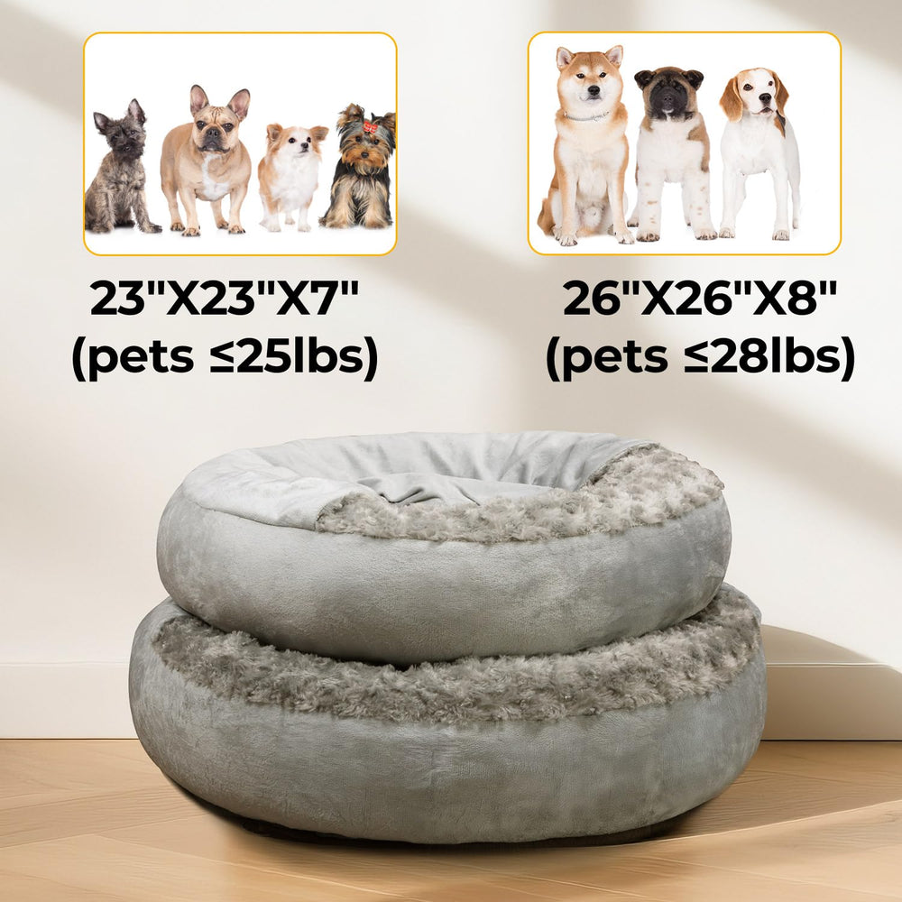 Xavaro cave dog bed gray donut shape highlights cushioned round design.