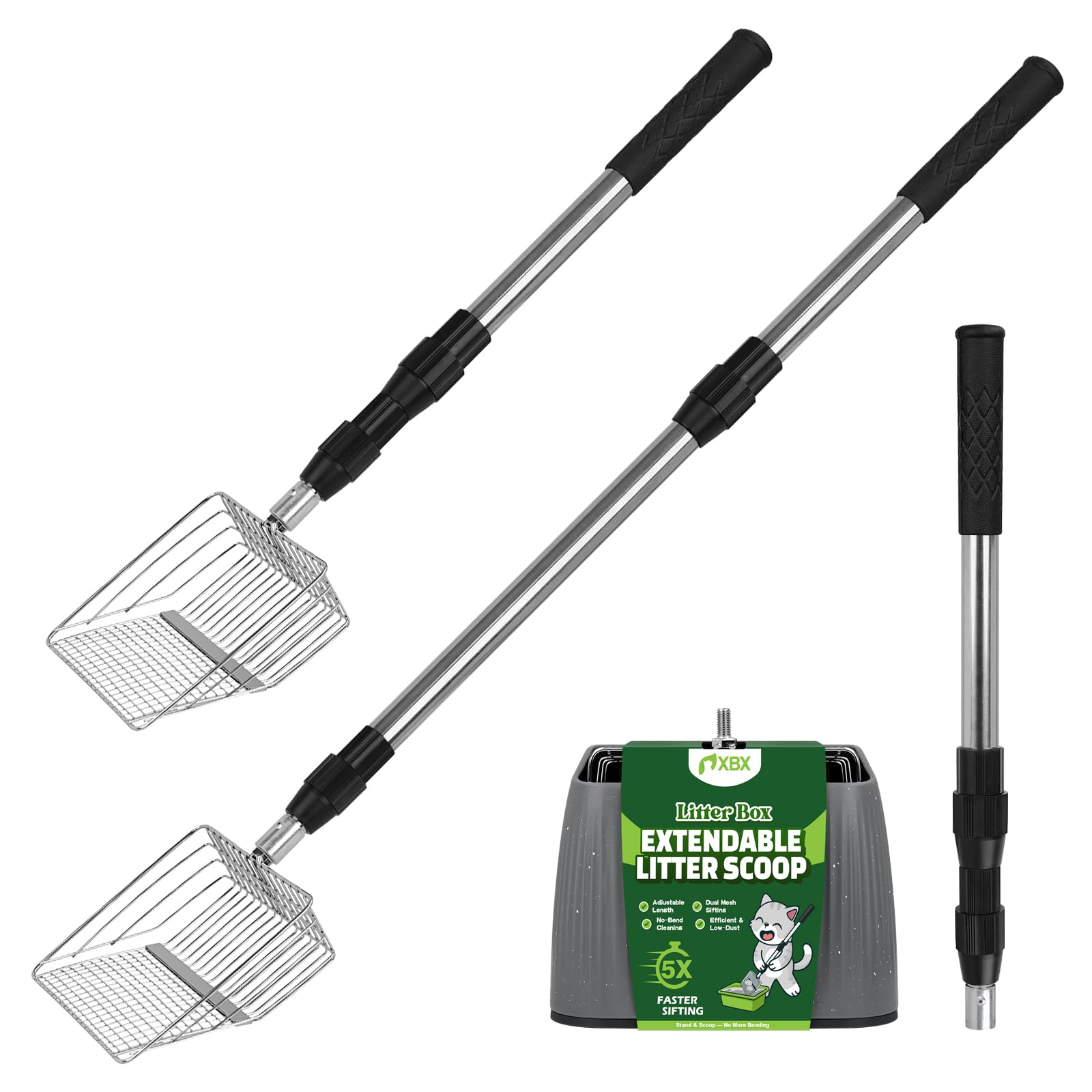XBX long-handle cat litter scoop with holder shows adjustable reach for comfortable cleaning