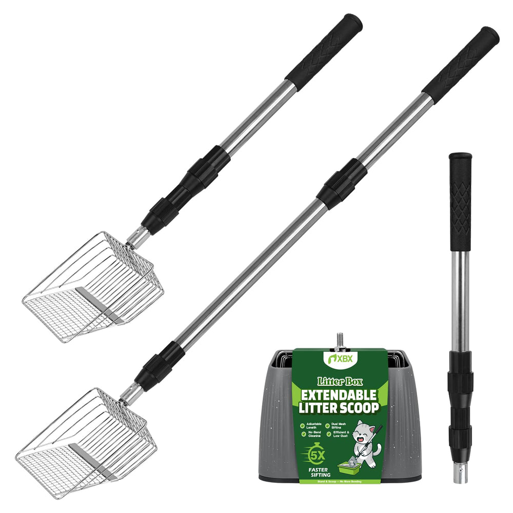 XBX long-handle cat litter scoop with holder shows adjustable reach for comfortable cleaning
