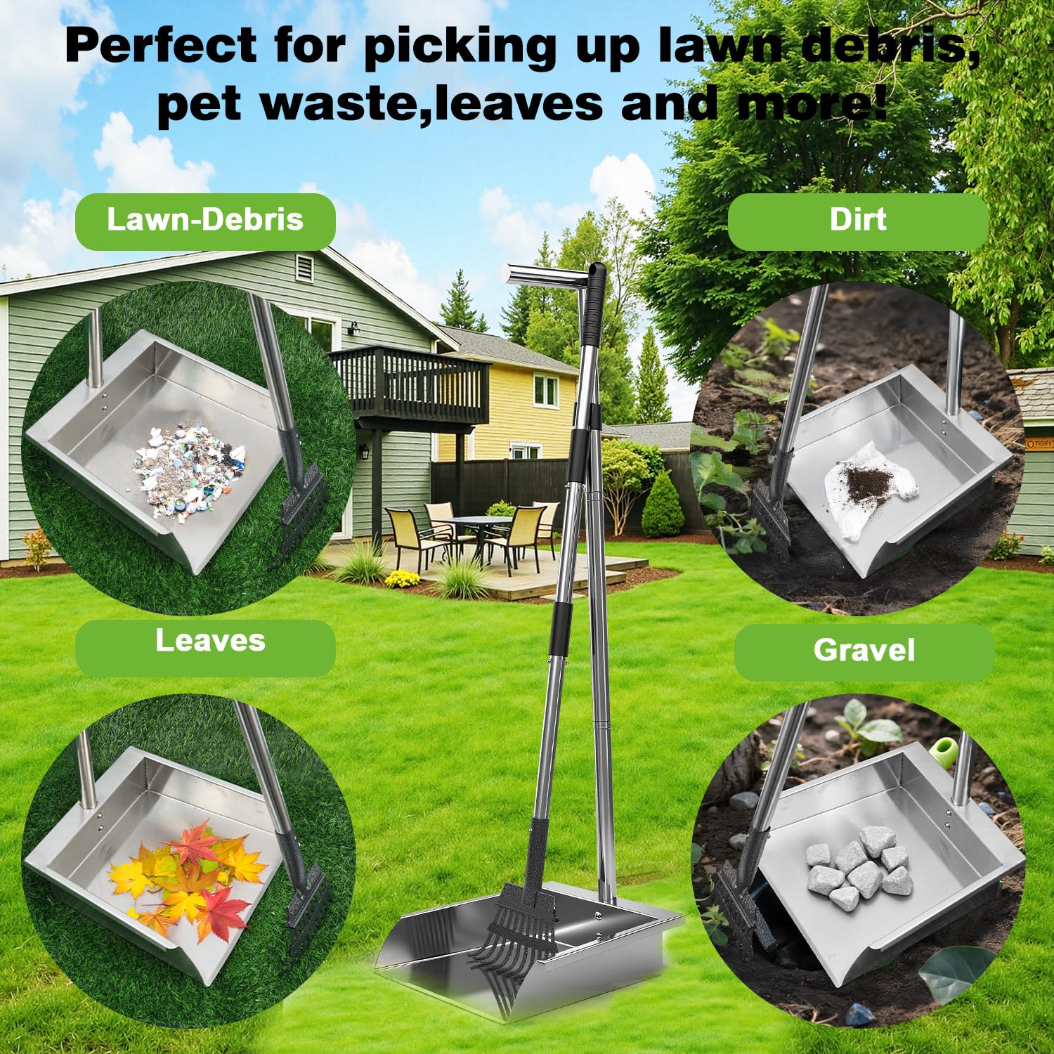 XDMURYM pooper scooper stainless-steel tray resists rust for outdoor use.