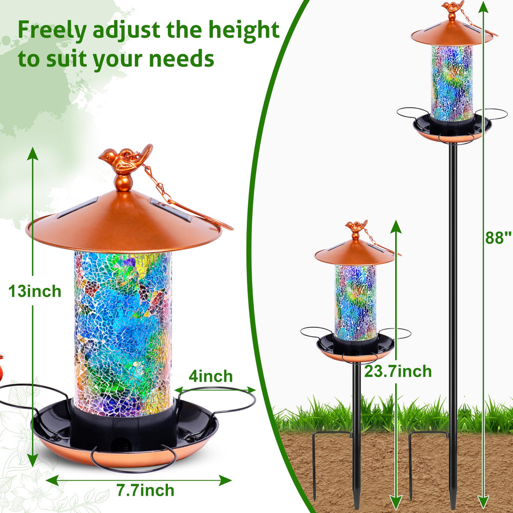 XDW-GIFTS mosaic solar bird feeder lights up at dusk for ambient nighttime glow.