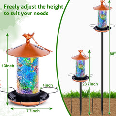 XDW-GIFTS mosaic solar bird feeder lights up at dusk for ambient nighttime glow.