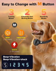 XDX dog-training-collar closeup emphasizes 3 training modes and adjustability