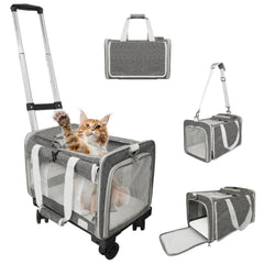 Xeoca pet carrier with wheels under-seat design supports easy airline travel.