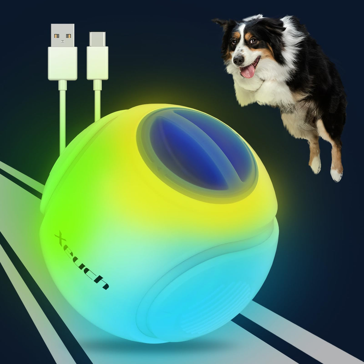 Xeuch light-up dog ball front view with blue glow for nighttime fetch