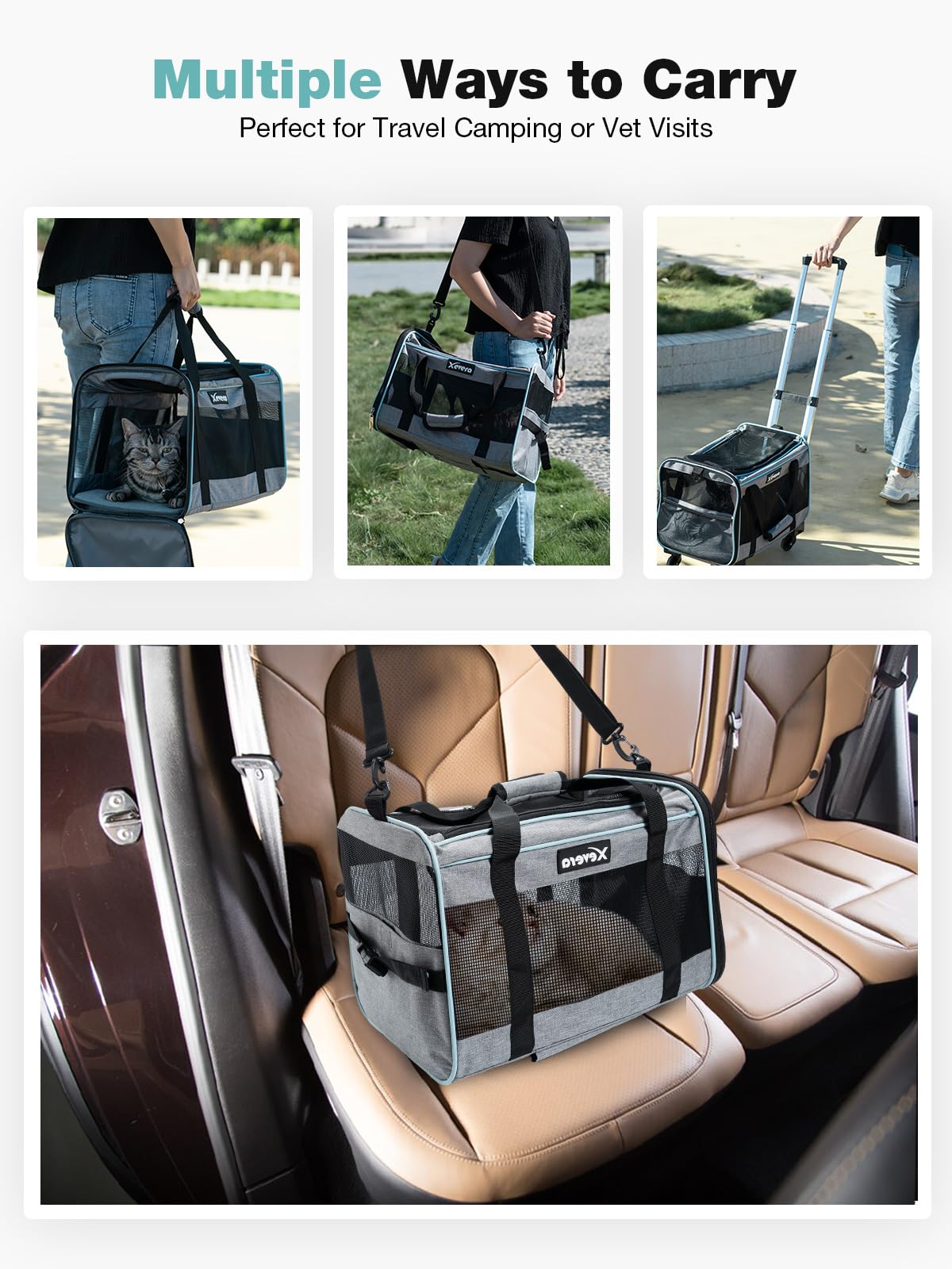 Xevera cat-dog carrier-inner-safety-strap-grey enhances pet security inside.