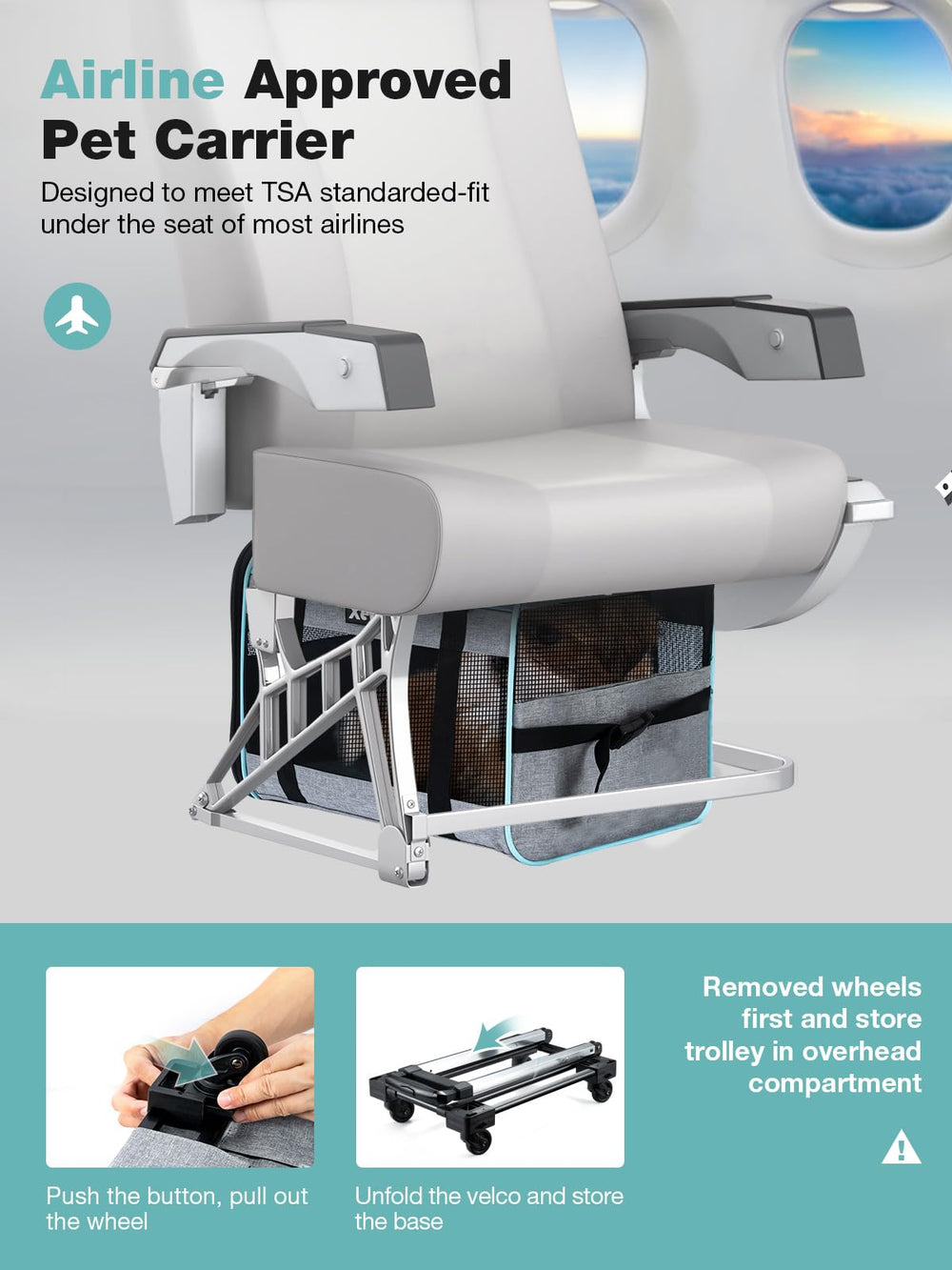 Xevera cat-dog carrier under-seat-fit-grey shows compact airline-ready design.
