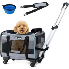 Xevera cat-dog carrier wheels-telescopic-handle for effortless airport travel.
