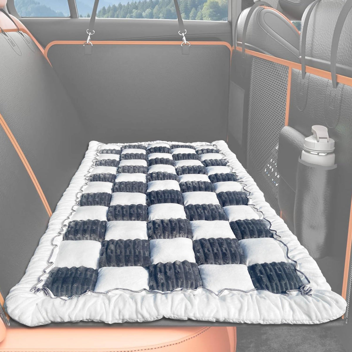 XFEXM Dog Bed Mat for Car Backseat in grey plaid offers secure, comfortable travel.