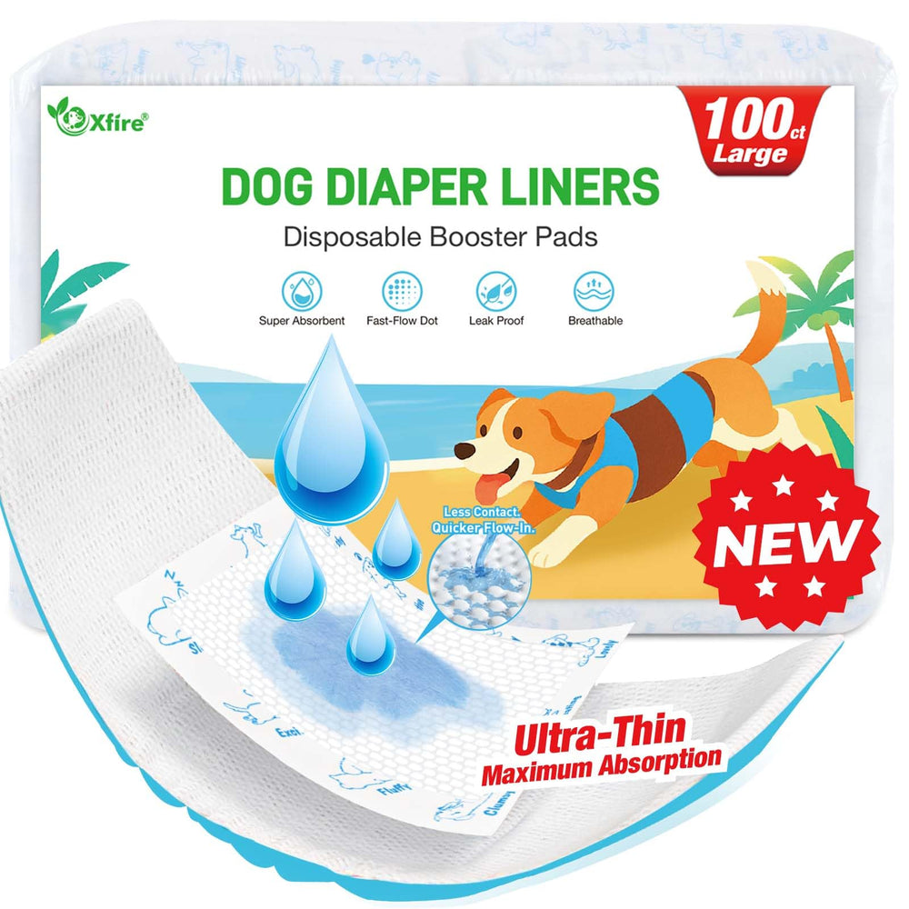 Xfire dog diaper liner packaging demonstrates easy insertion and mess protection