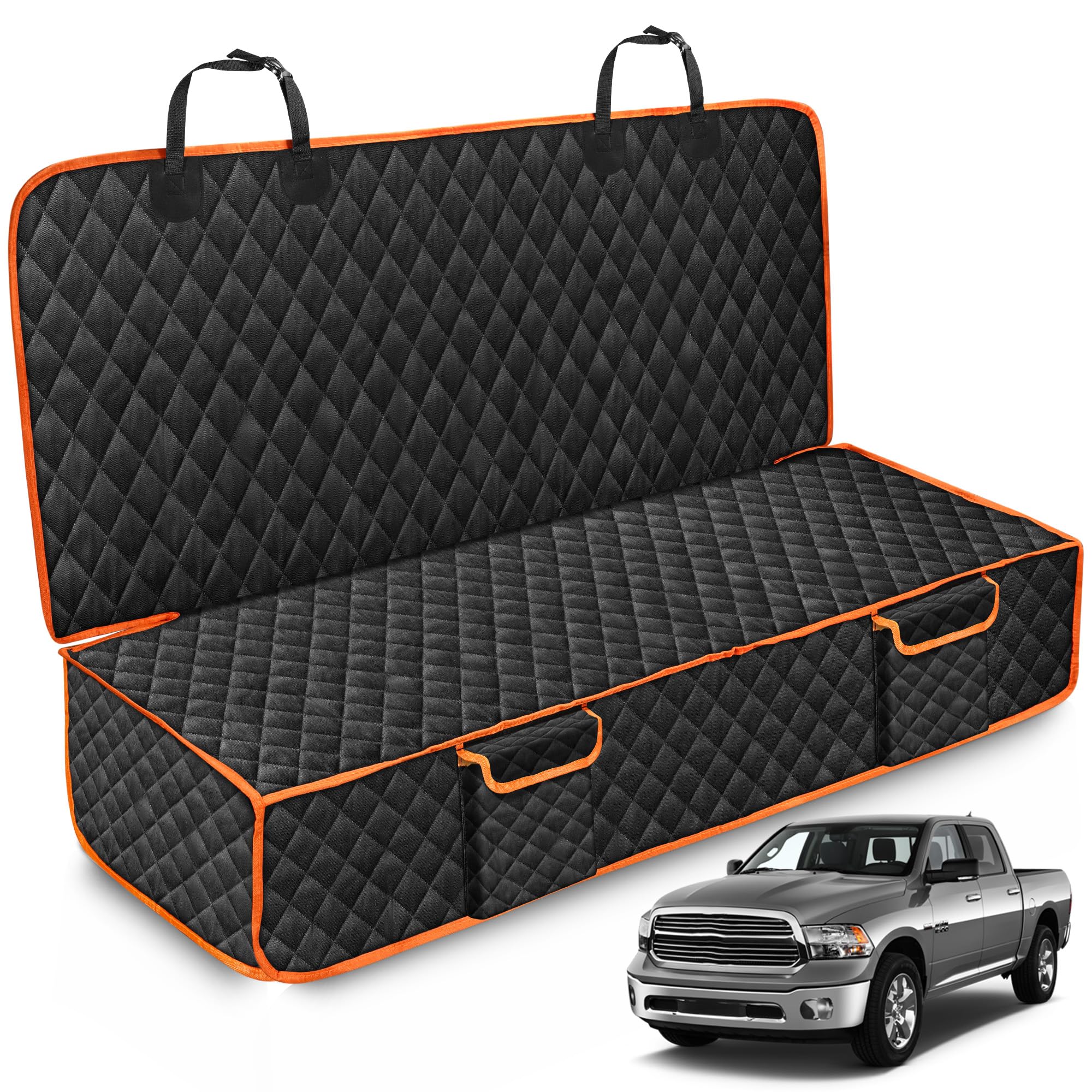 XHRING dog car seat cover on the Dodge RAM backseat protects upholstery from fur and spills.