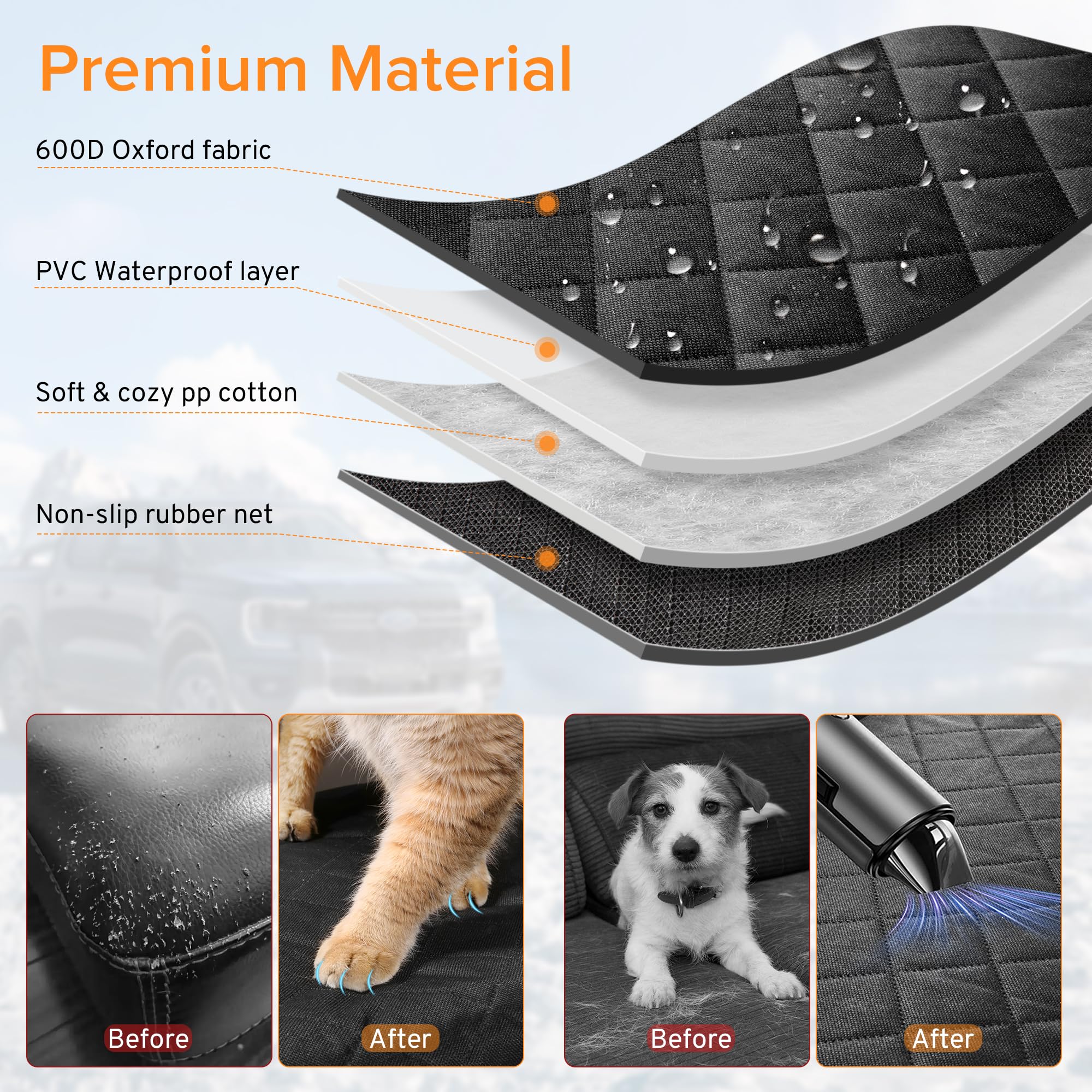 XHRING dog car seat cover shows two pockets for toys and bags within reach.