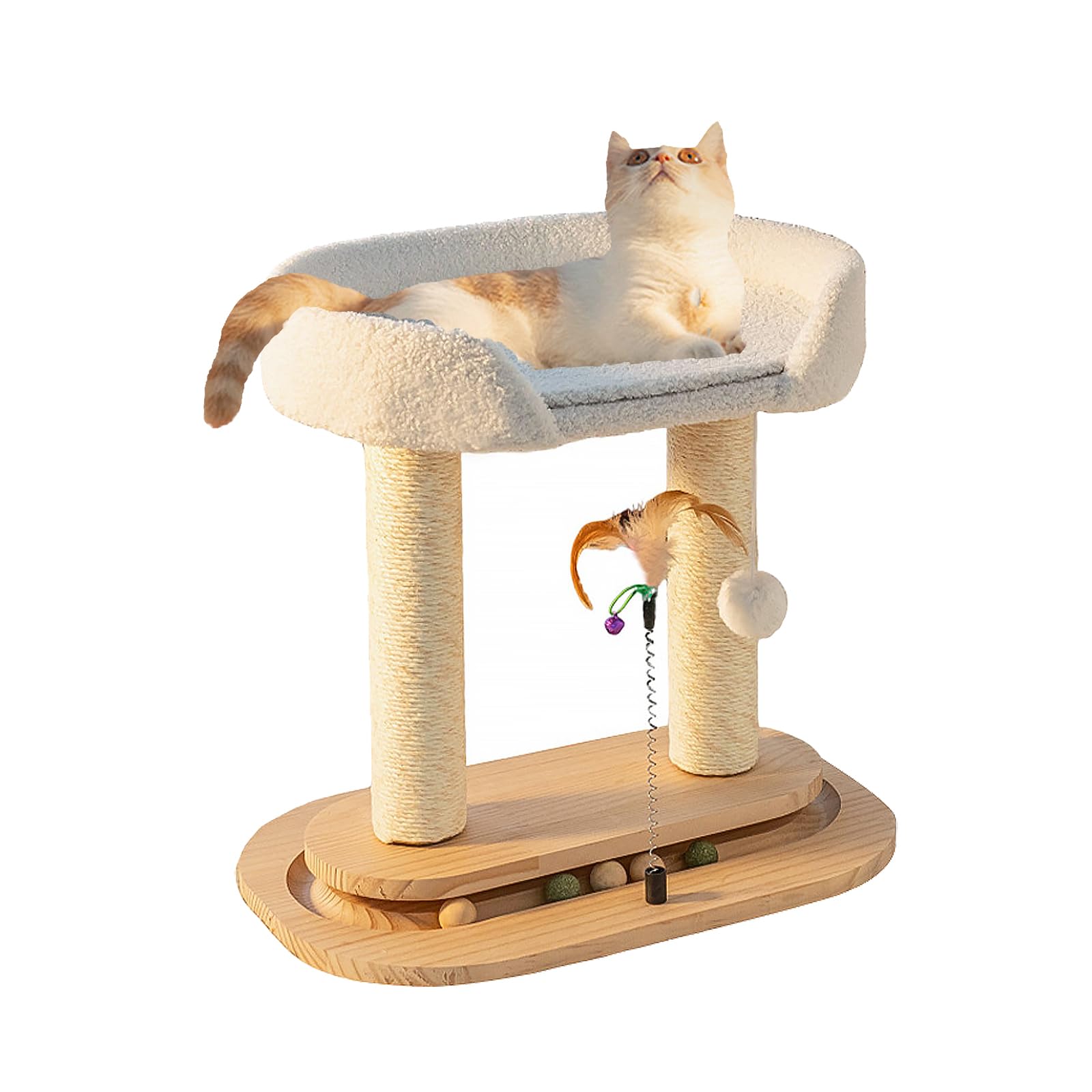 XIAORANFUN 5-in-1 small wooden cat tree base demonstrates sturdy foundation for indoor cats
