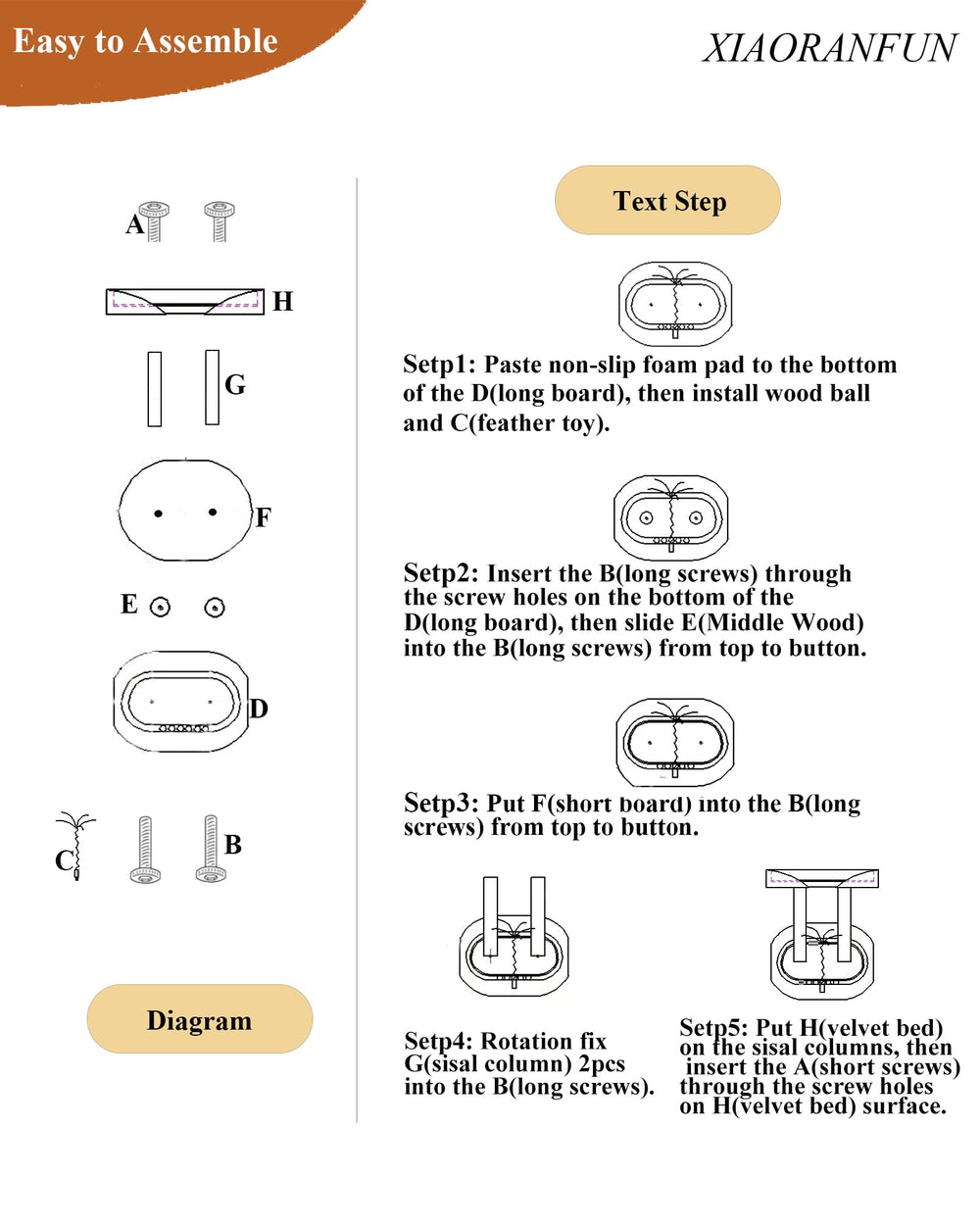 XIAORANFUN quick assembly guide shows easy setup for immediate use