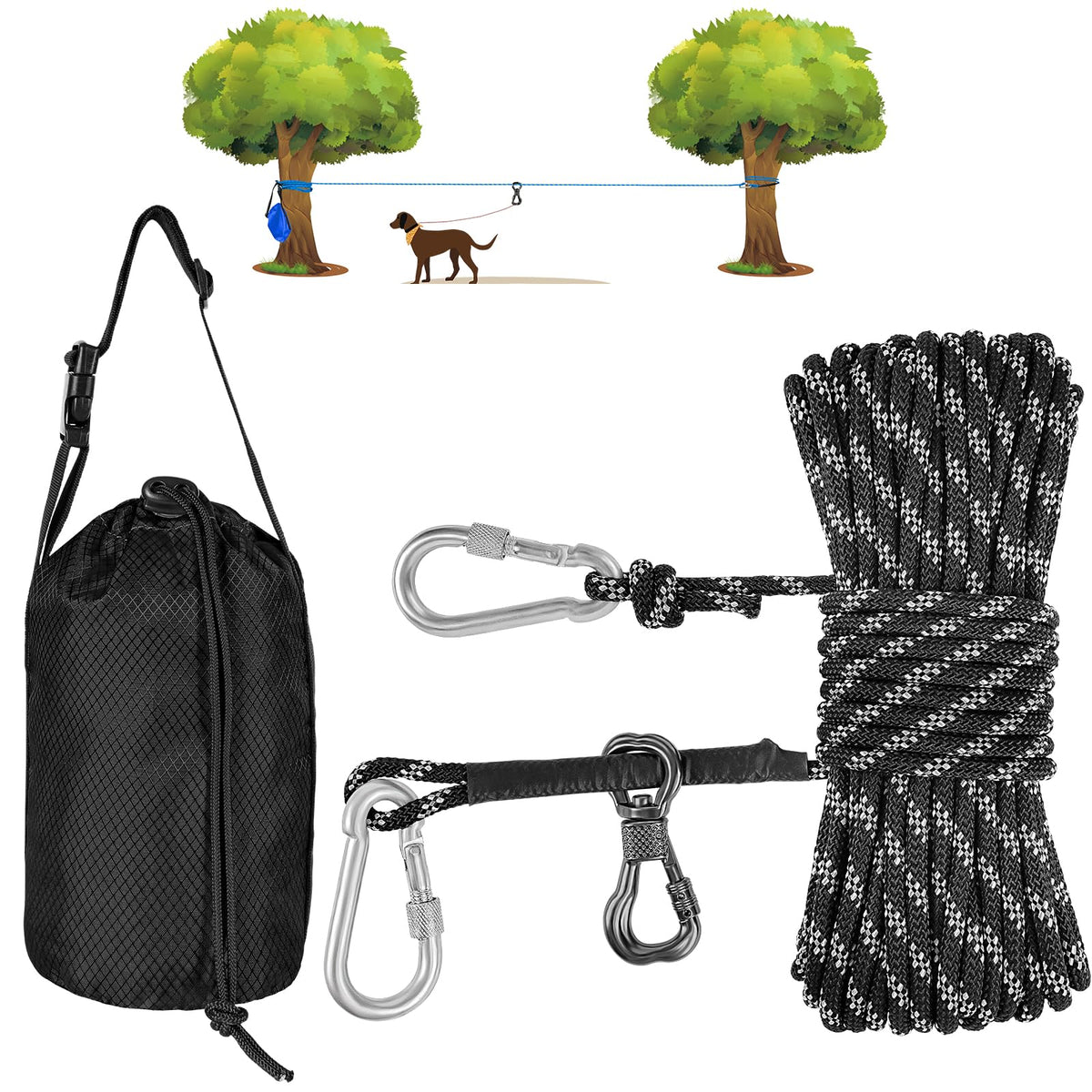 XiaZ dog camping leash 50ft setup expands play area safely during outdoor trips.