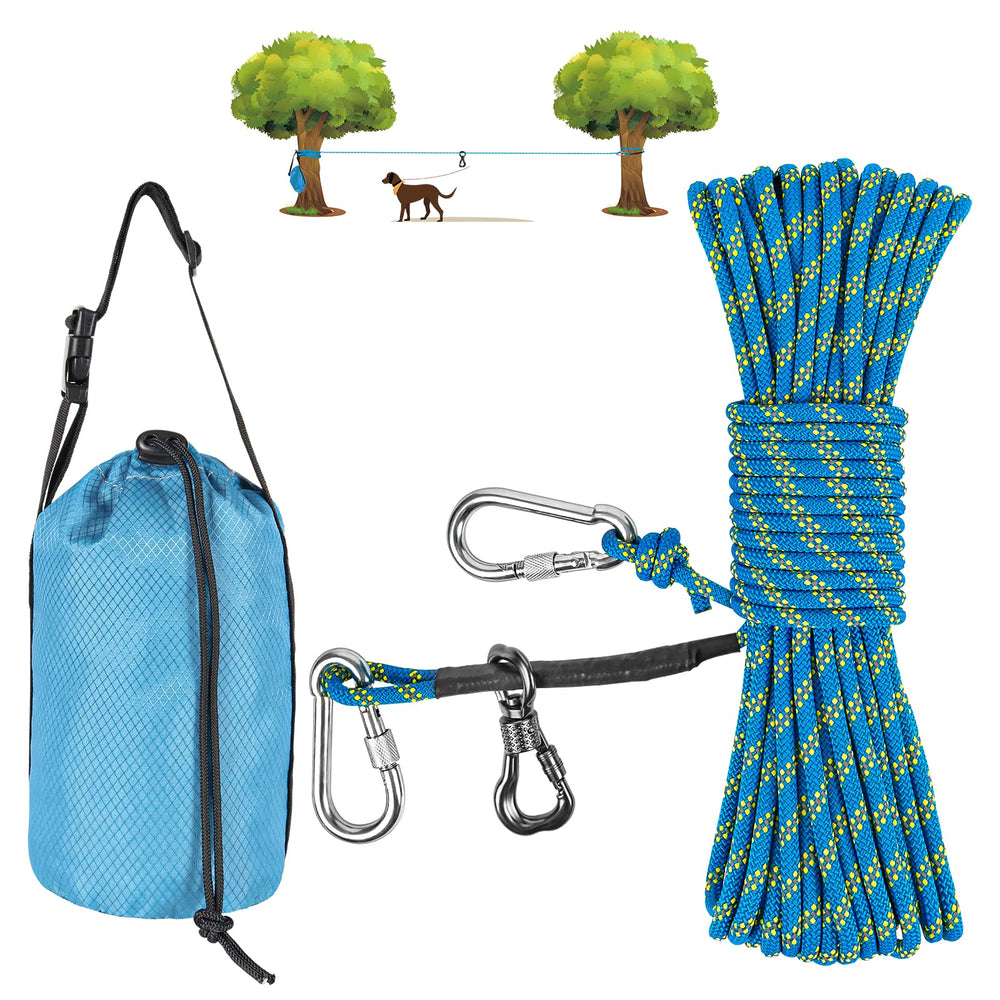 XiaZ dog-tie-out-50ft-overhead-setup enables roomy camping roam.