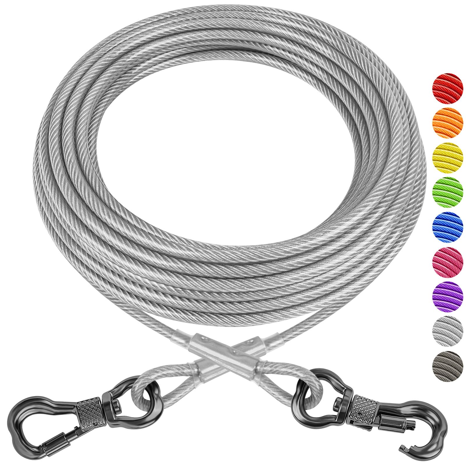 XiaZ dog tie out cable 100ft coil shows sturdy stainless steel wire for safe outdoor use.