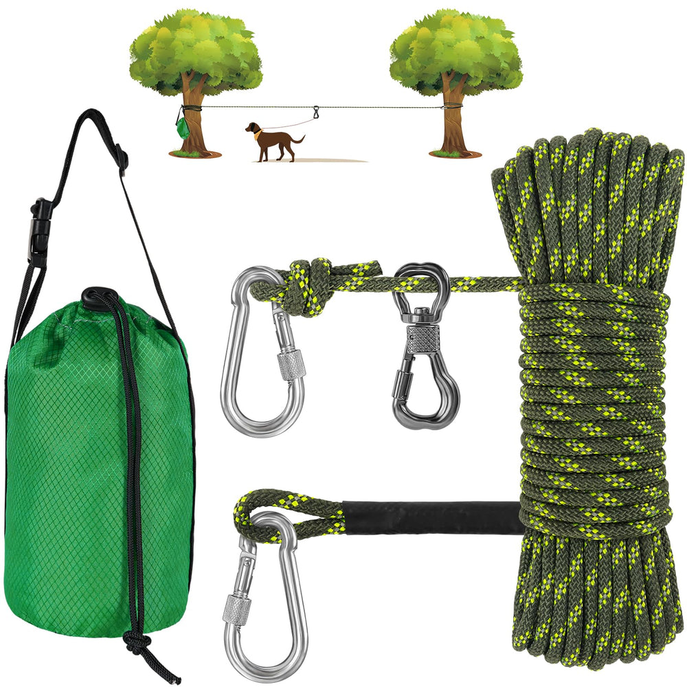 XiaZ dog tie-out system setup between trees for easy outdoor play