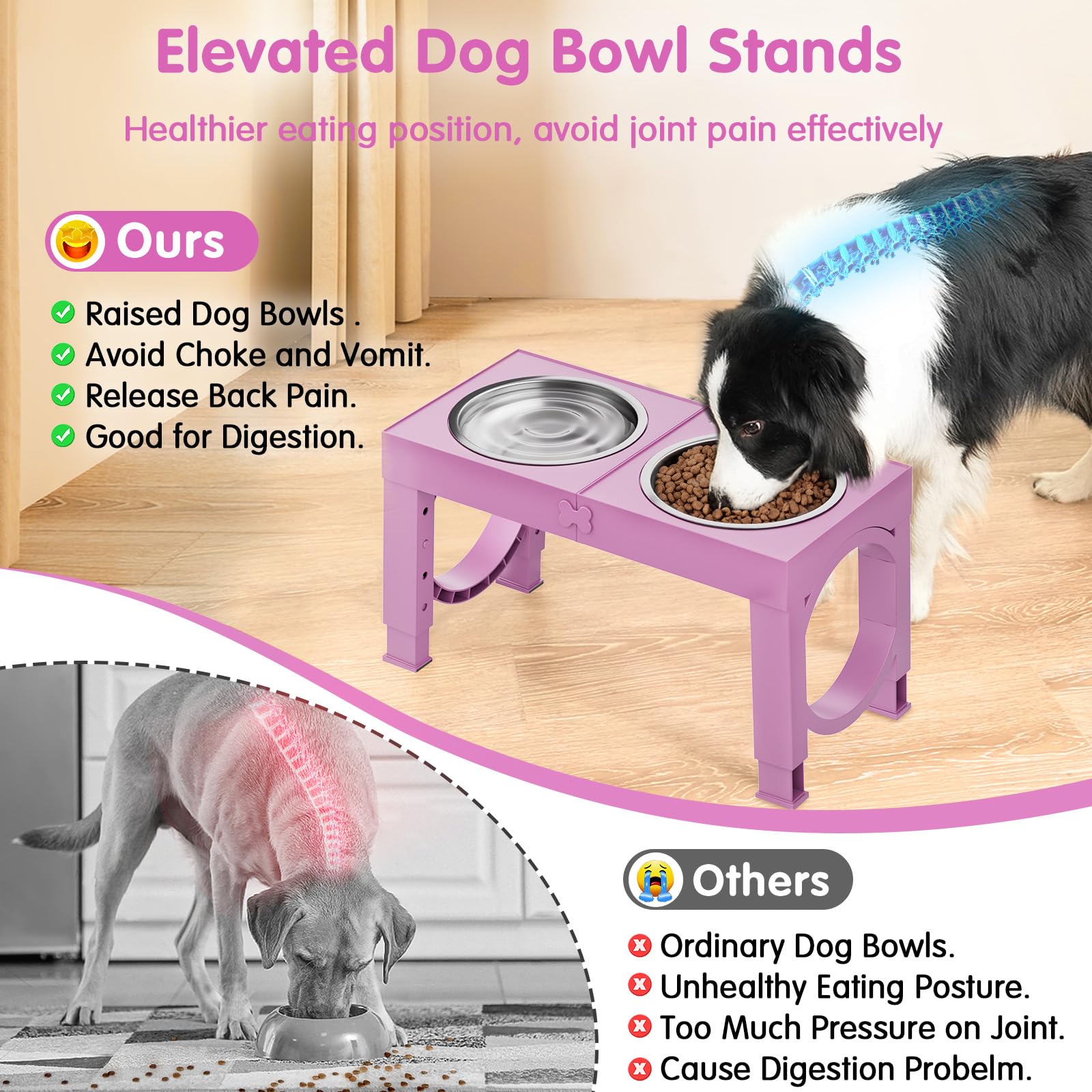 XiaZ pink stand with dual bowls at four-height options for comfortable meals.
