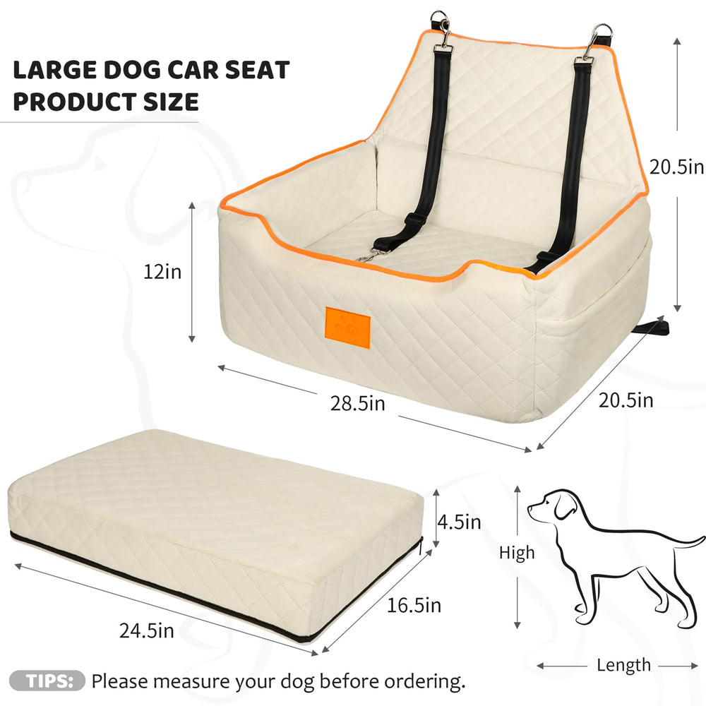 XIEEAOZEE dog seat beige side view shows secure harness attachment.
