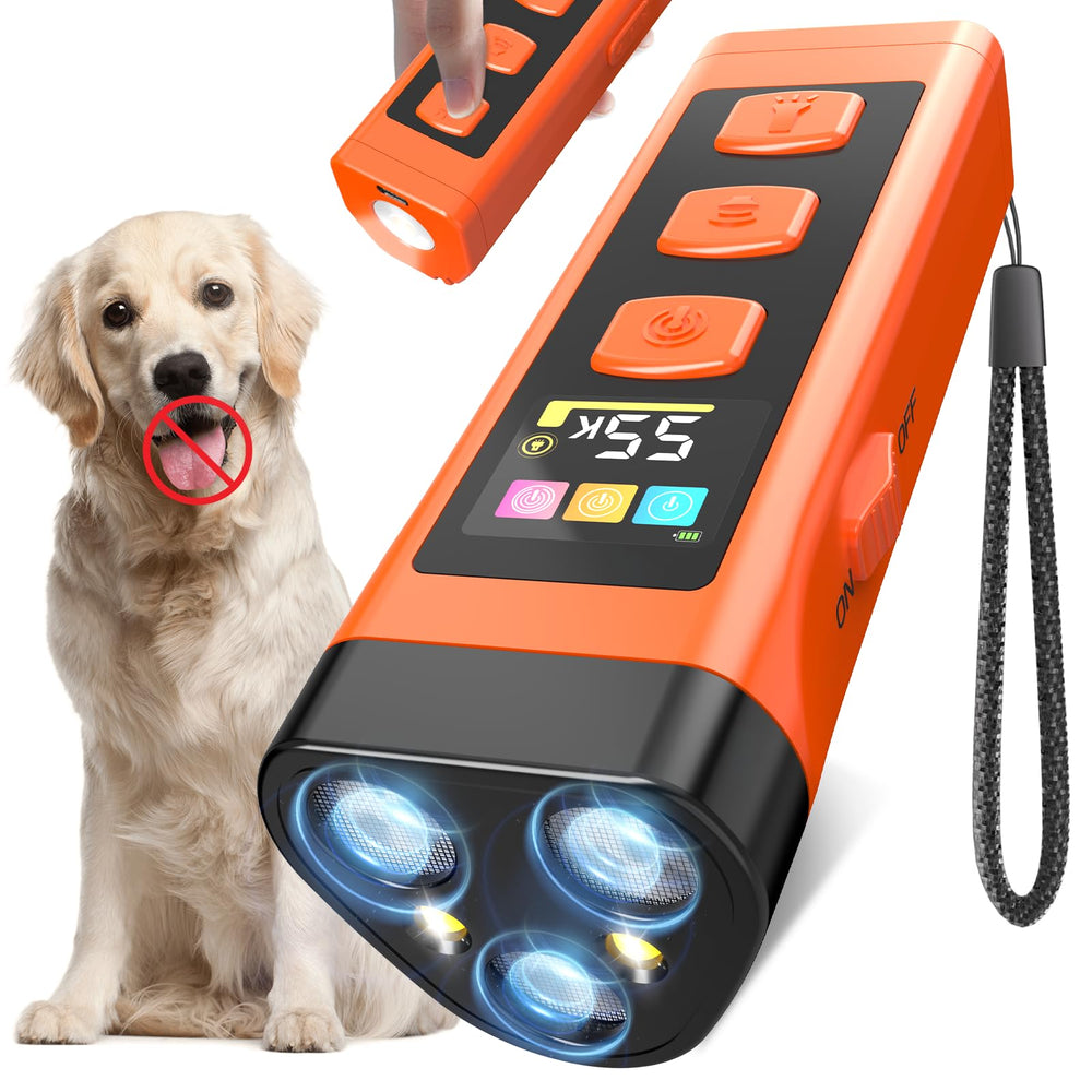 XIFRUS dog bark deterrent with color display guides quick training mode selection.