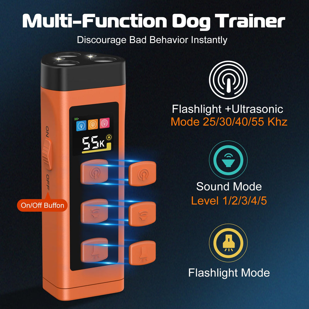 XIFRUS dog bark deterrent shows one-button control for humane, simple training.