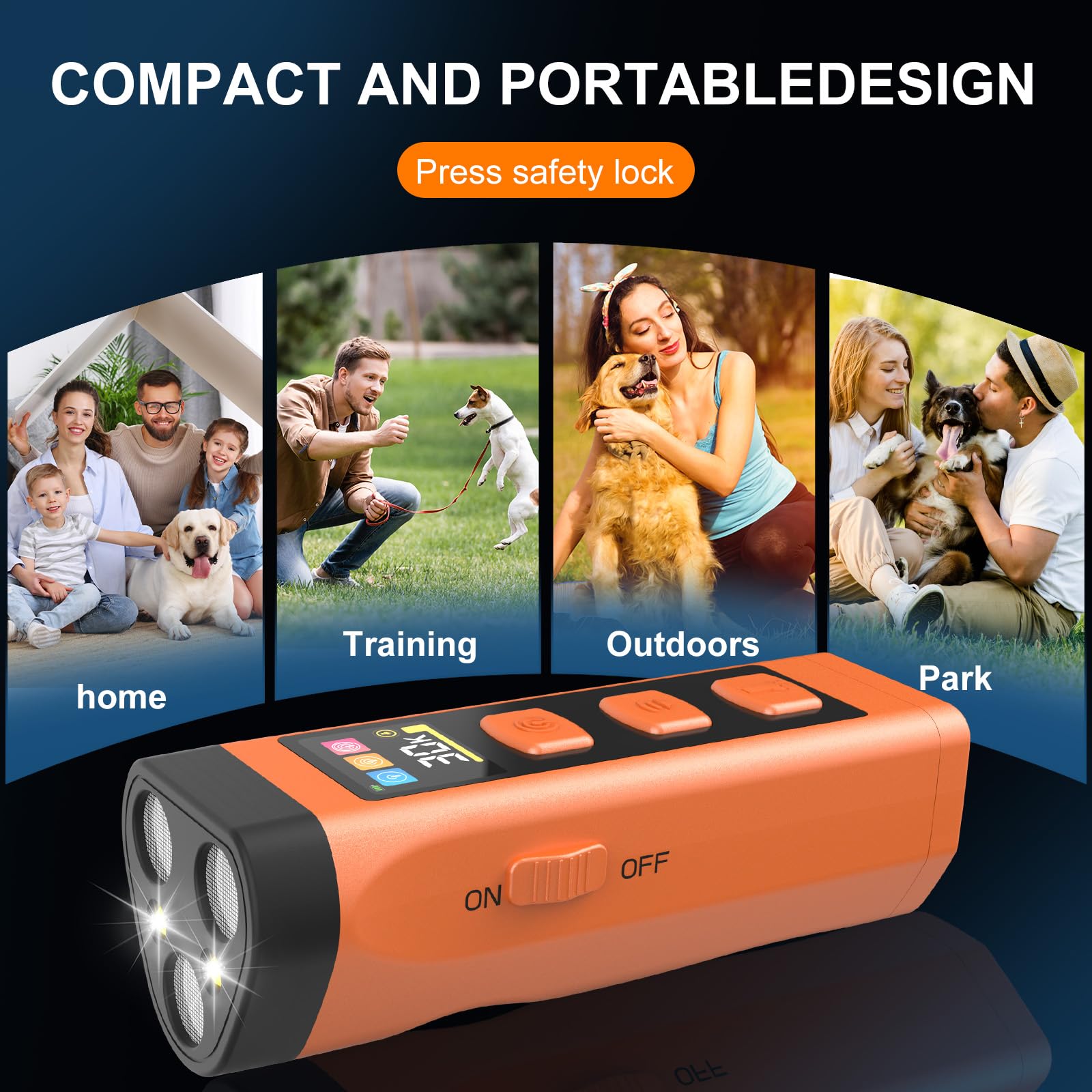 XIFRUS dog bark deterrent includes SOS and flashlight for nighttime visibility.