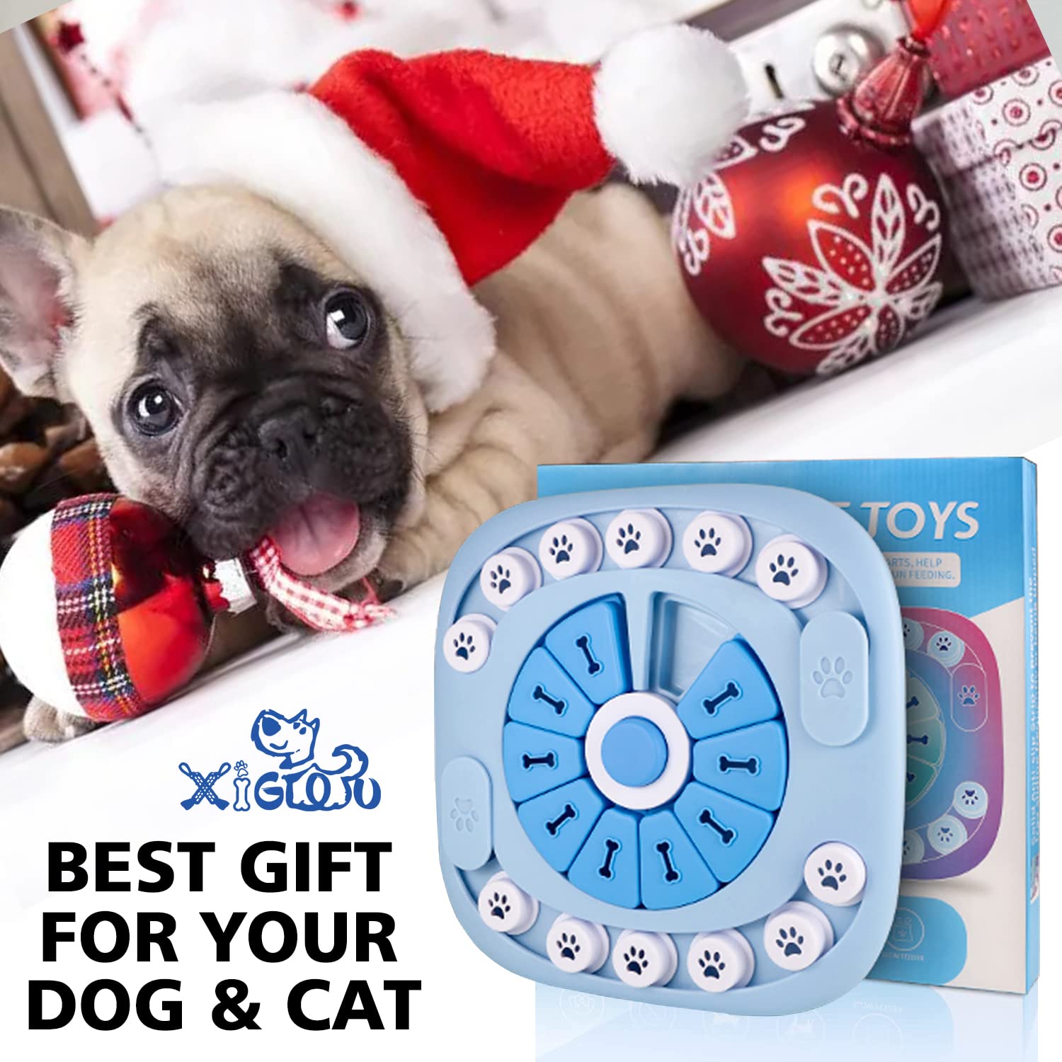 XIGOU dog puzzle toy on a dishwasher-safe surface for easy cleanup.