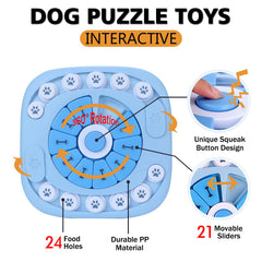 XIGOU dog puzzle toy in use shows dog-focused play with treat rewards.