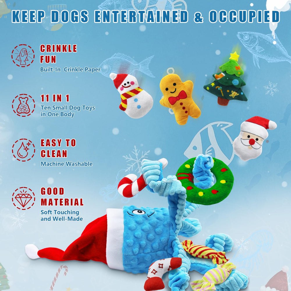 XIHULGJIN octopus dog toy with Santa hat close-up for festive engagement.