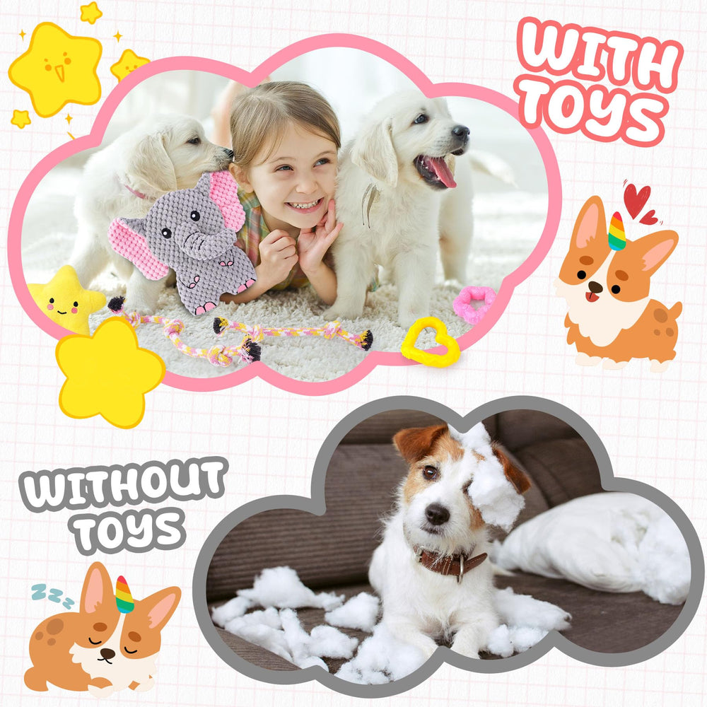 XIUGOAL pink puppy toys 9-pack closeup-collection—soft textures and bright color attract playful pups