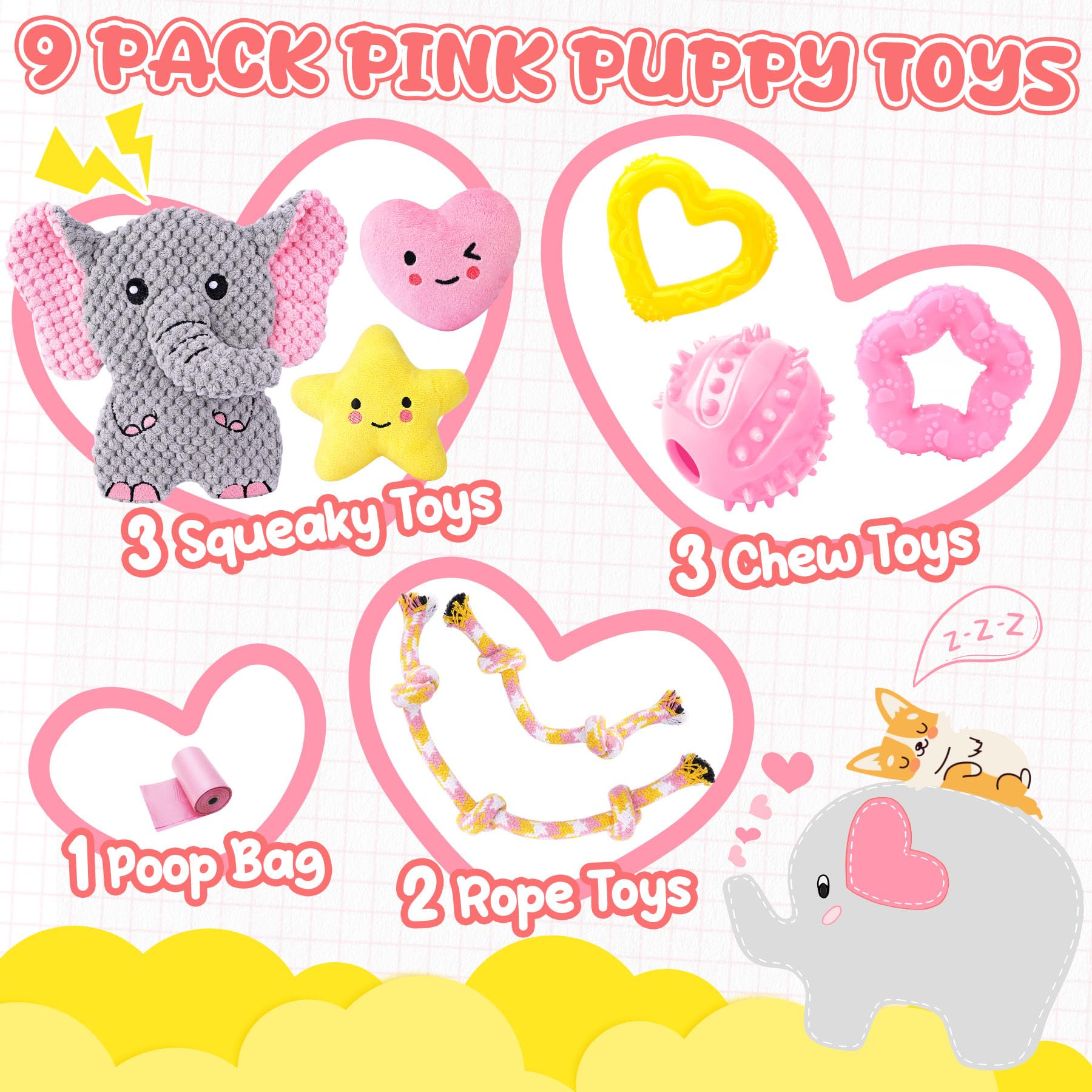 XIUGOAL pink puppy toys 9-pack rubber-chew—durable teething toy for energy burn