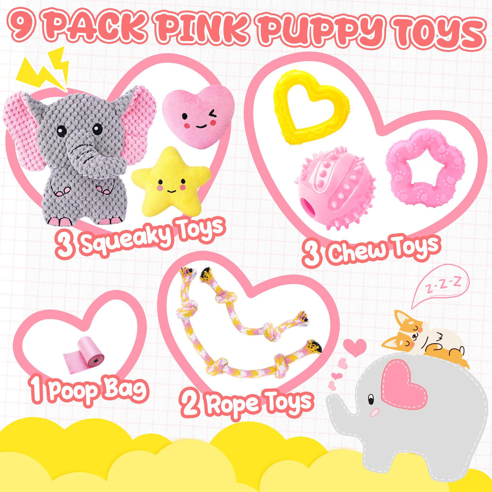 XIUGOAL pink puppy toys 9-pack rubber-chew—durable teething toy for energy burn