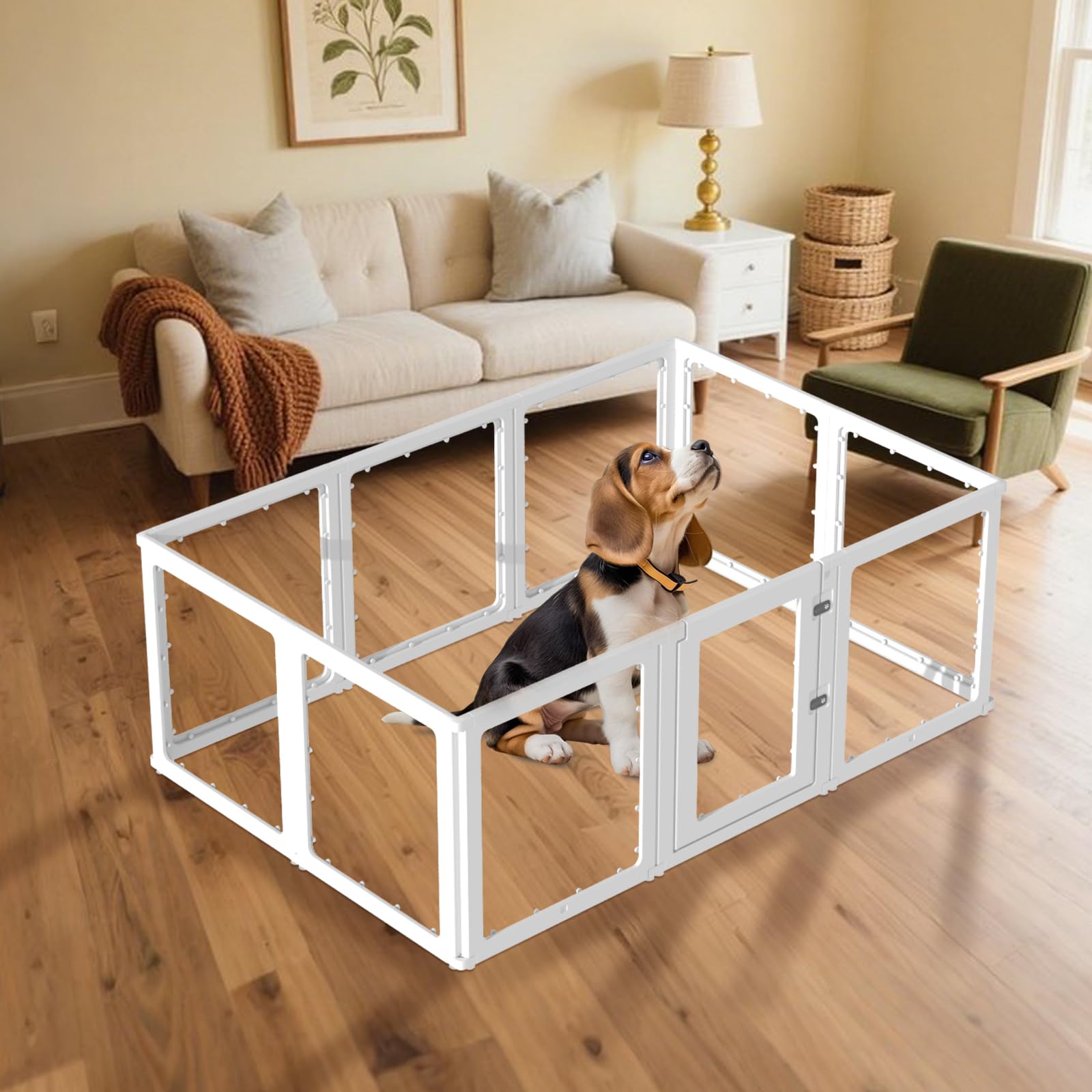 XKGSLNB clear acrylic dog playpen assembly view demonstrates tool-free setup