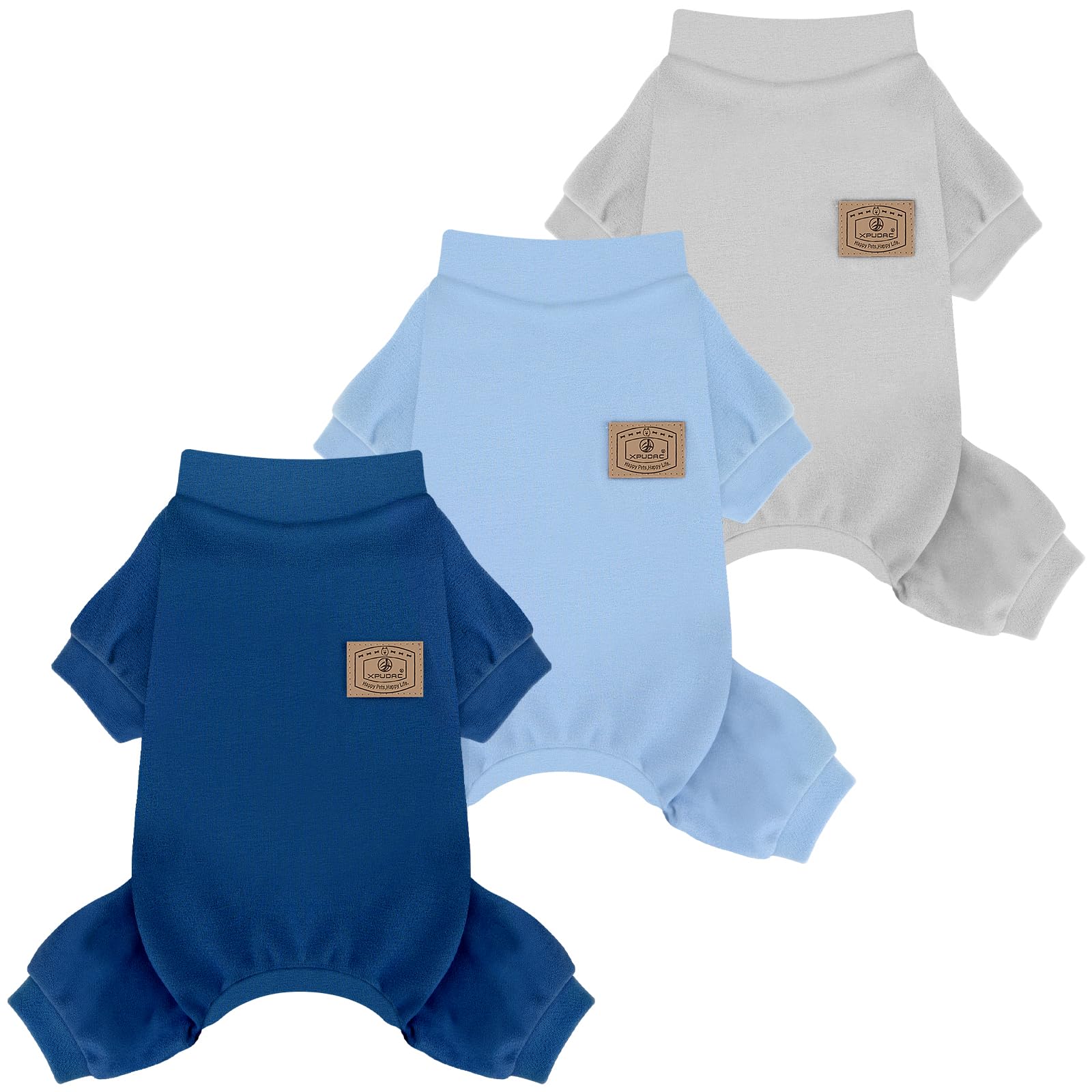 XPUDAC 3Pack fleece dog pajamas front view keeps small dogs warm and cozy