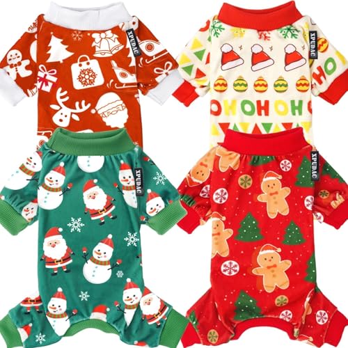 XPUDAC 4-piece dog Christmas pajamas with Santa and snowman print for festive photos.