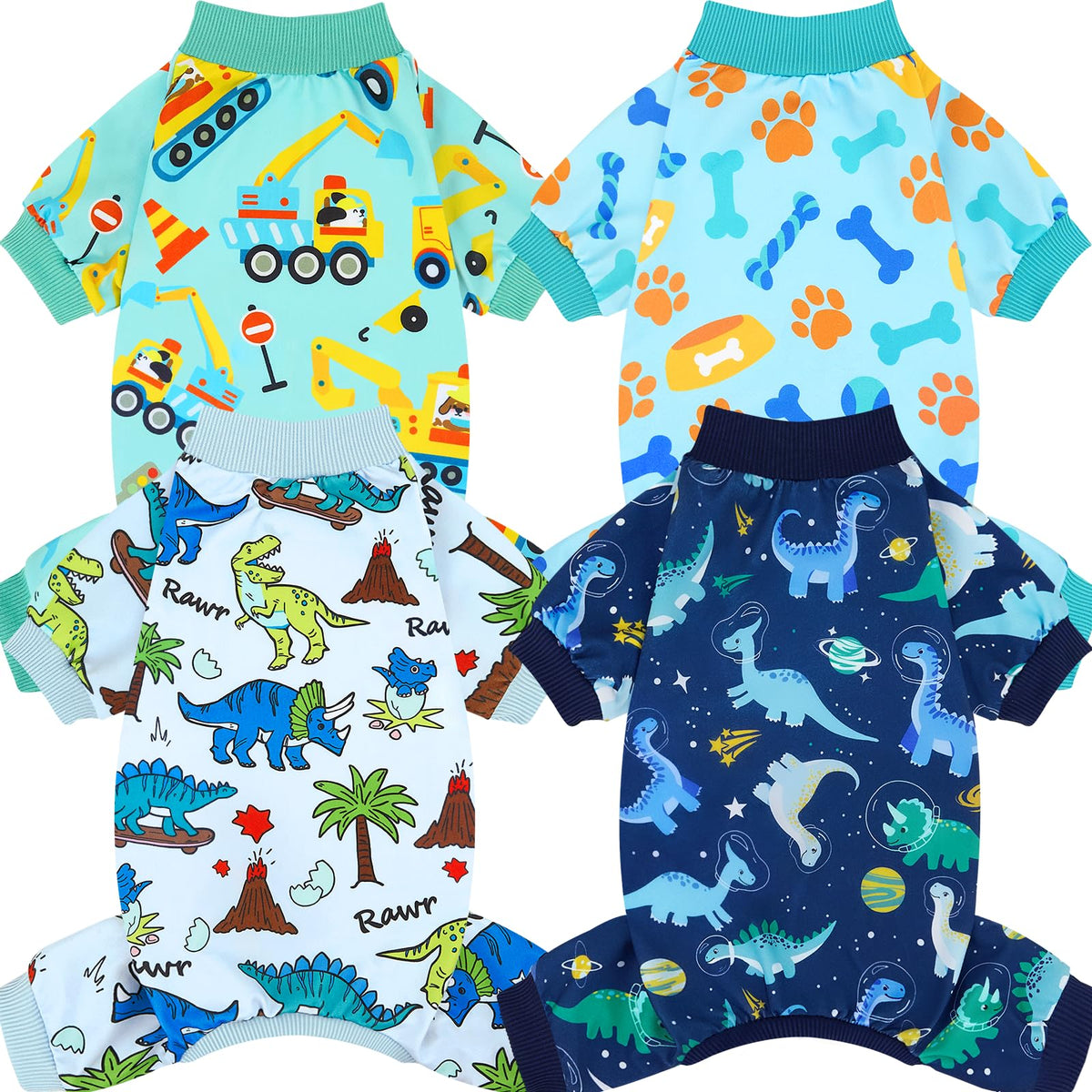 XPUDAC 4-pack dog pajamas pack showcasing soft, breathable fabric for all-season comfort.