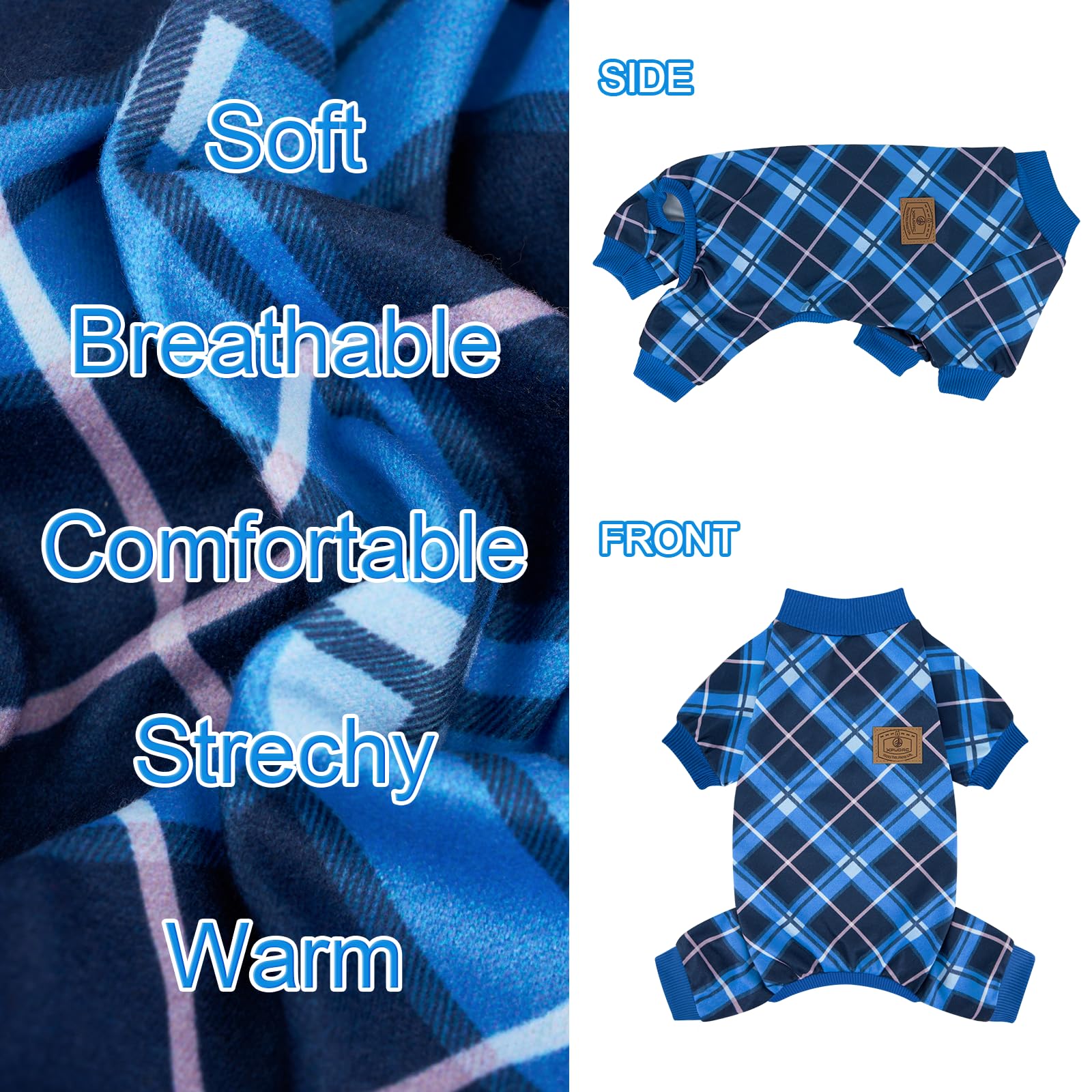 XPUDAC cat pajamas plaid close-up shows comfortable breathable fabric for felines