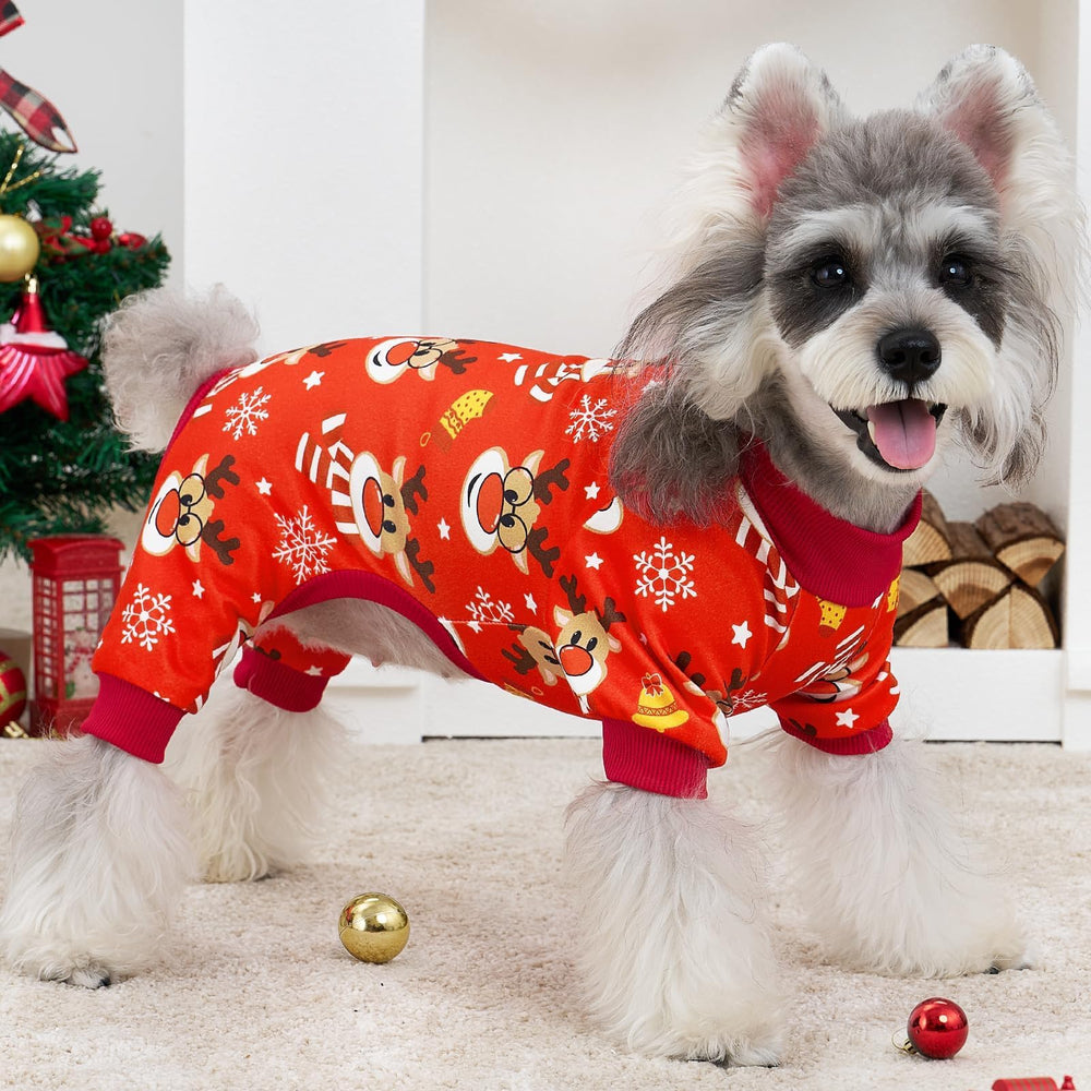 XPUDAC Christmas dog pajamas pack back view highlights festive prints for playful holiday vibes.