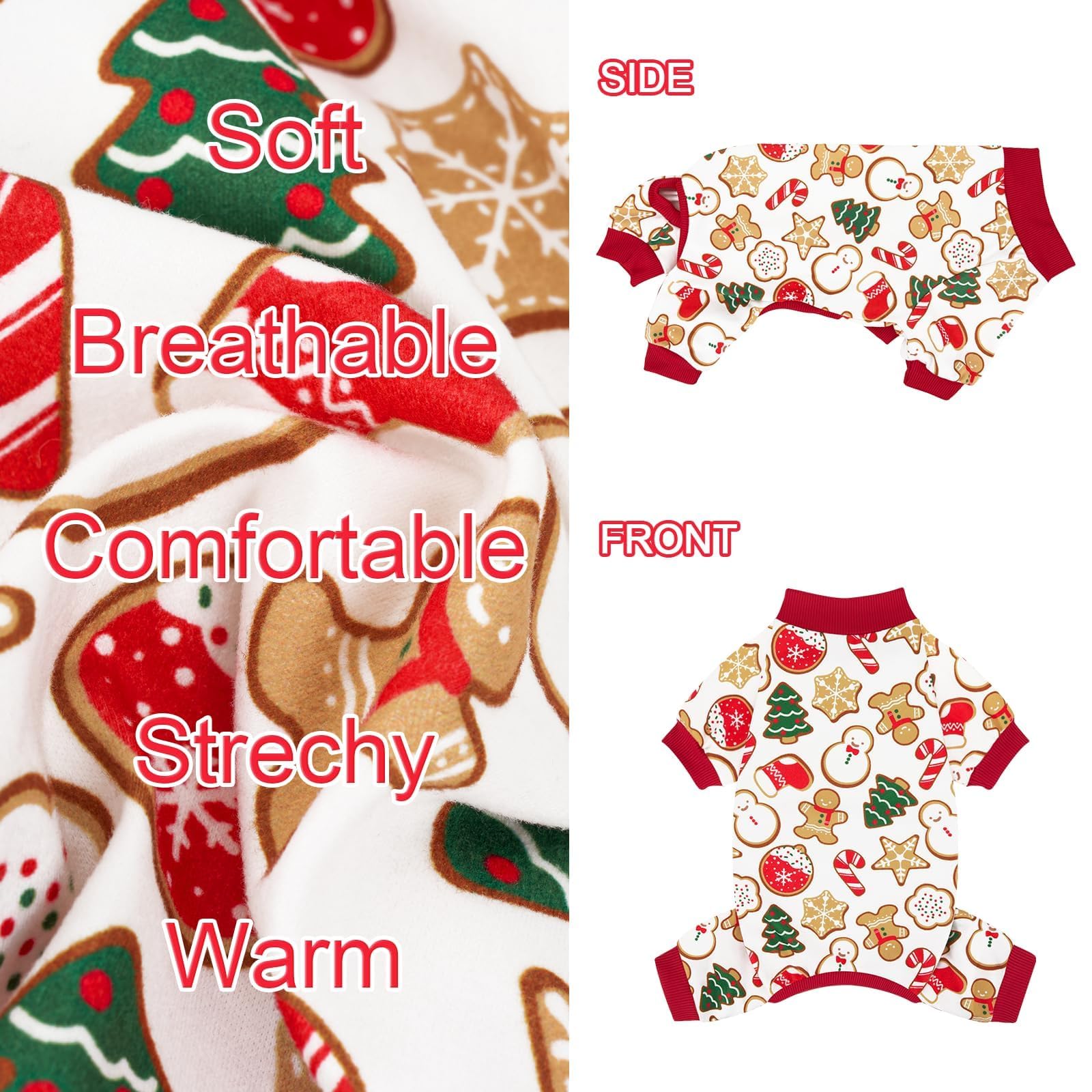 XPUDAC Christmas dog pajamas pack patterns image displays reindeer, Santa, and gingerbread motifs.