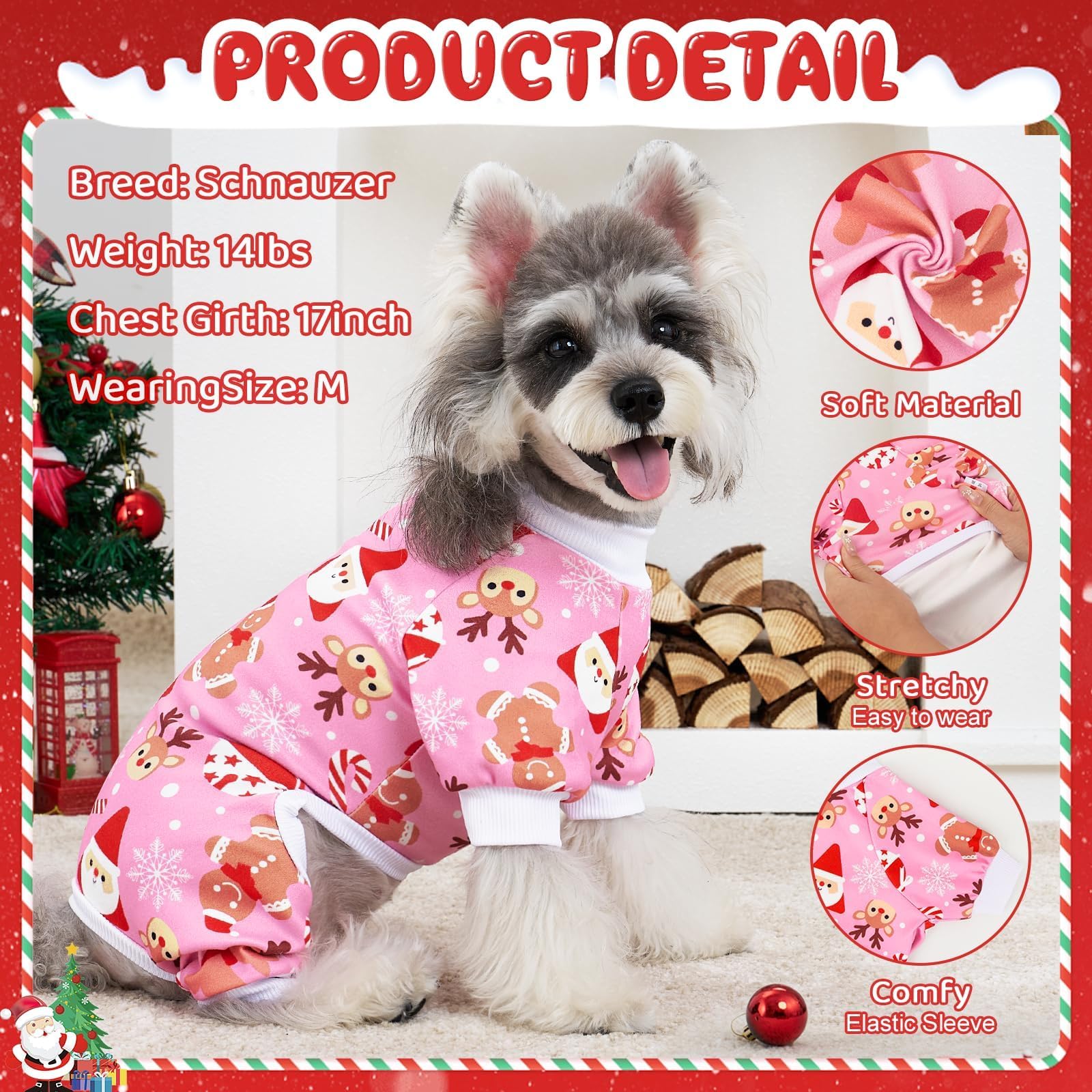 XPUDAC Christmas Dog Pajamas Santa pattern on medium dog for holiday cheer