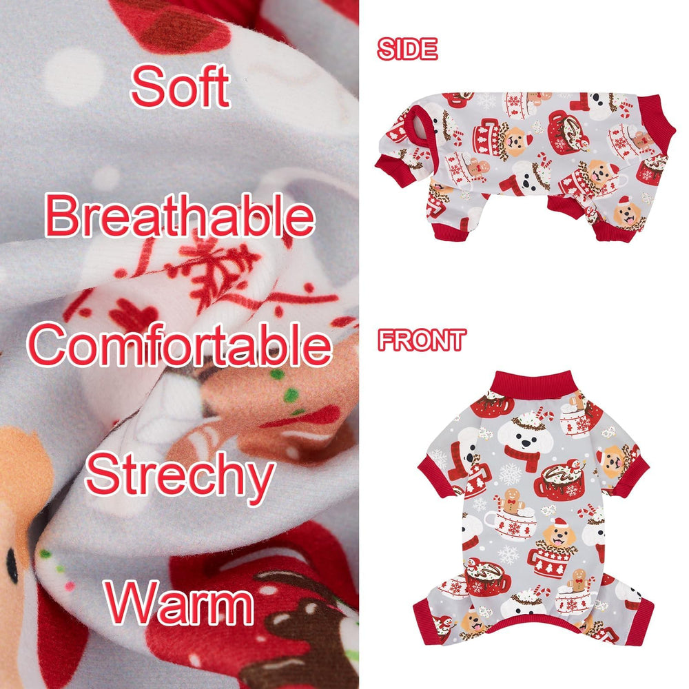 XPUDAC festive dog pajamas worn during a walk for warmth and holiday cheer.