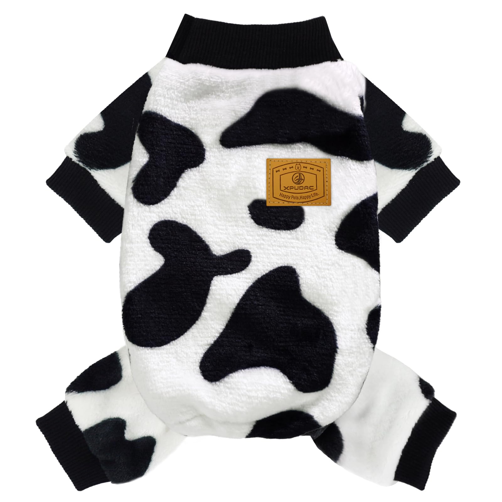 XPUDAC Cow Dog Sweater back view shows warm, snug fit for small dogs
