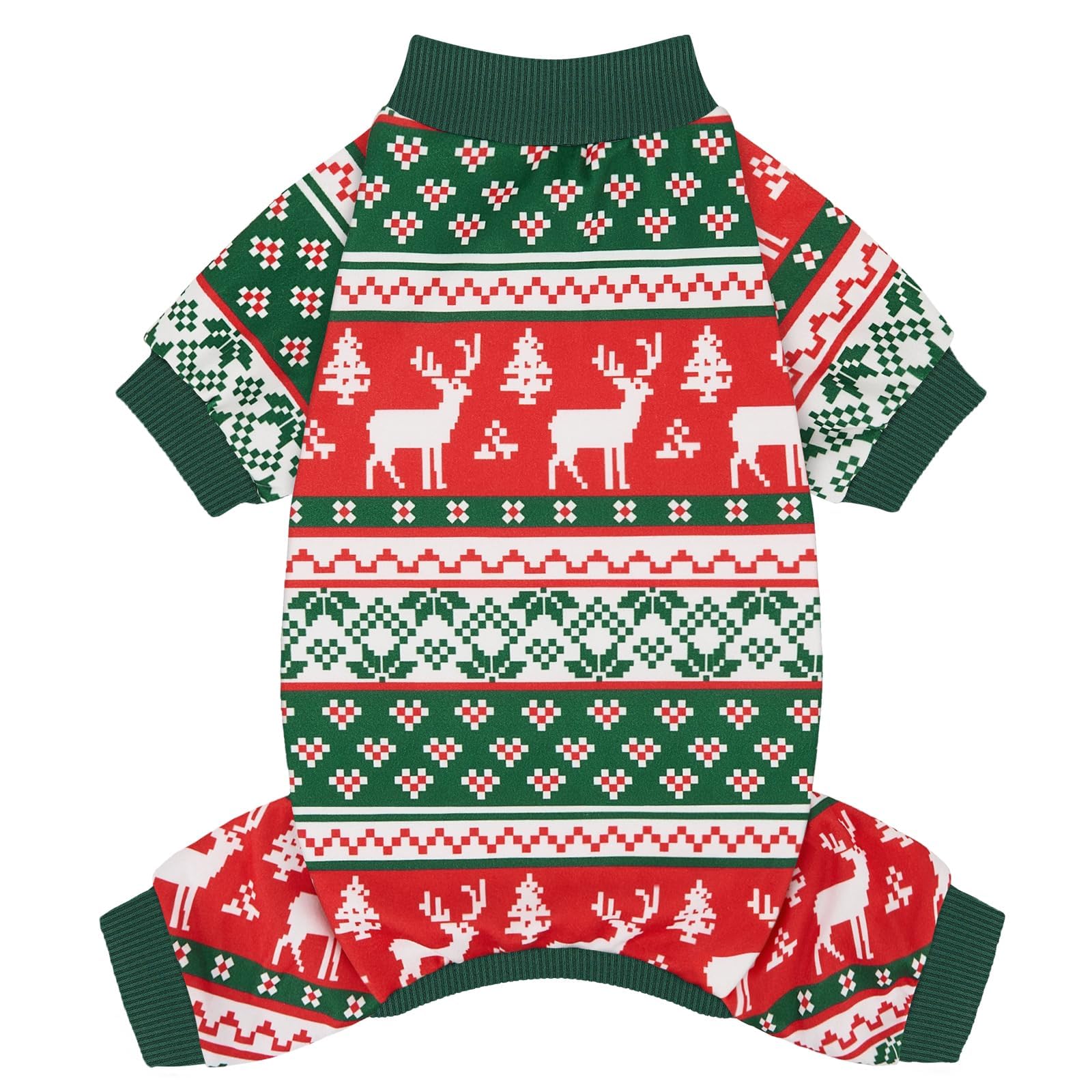 XPUDAC dog Christmas pajamas front view in red-green, cozy festive warmth