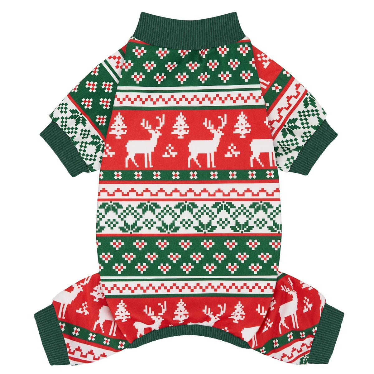 XPUDAC dog Christmas pajamas front view in red-green, cozy festive warmth