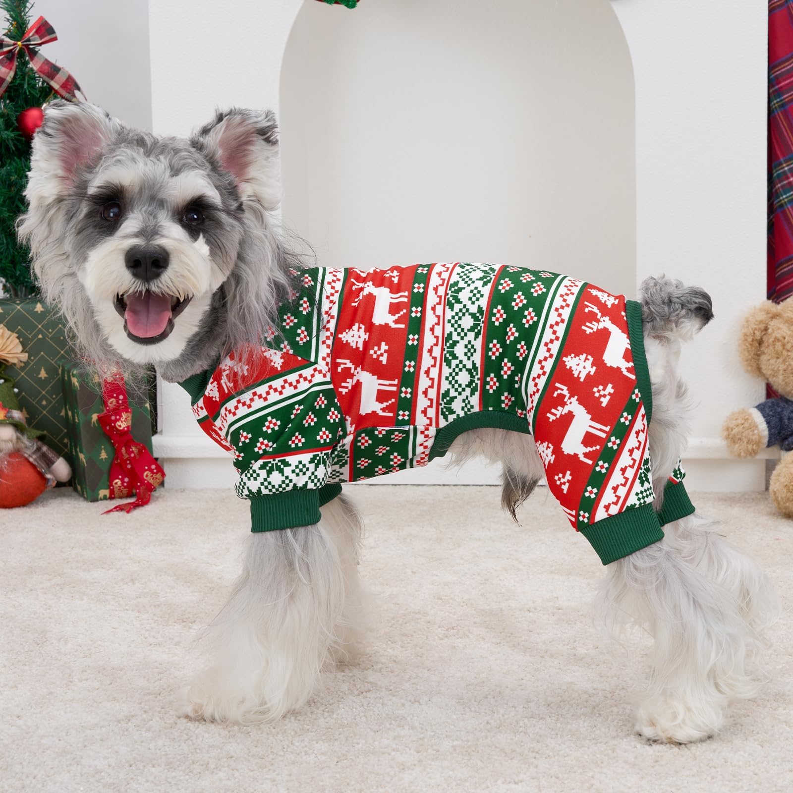 XPUDAC dog Christmas pajamas worn on dog, easy pullover design
