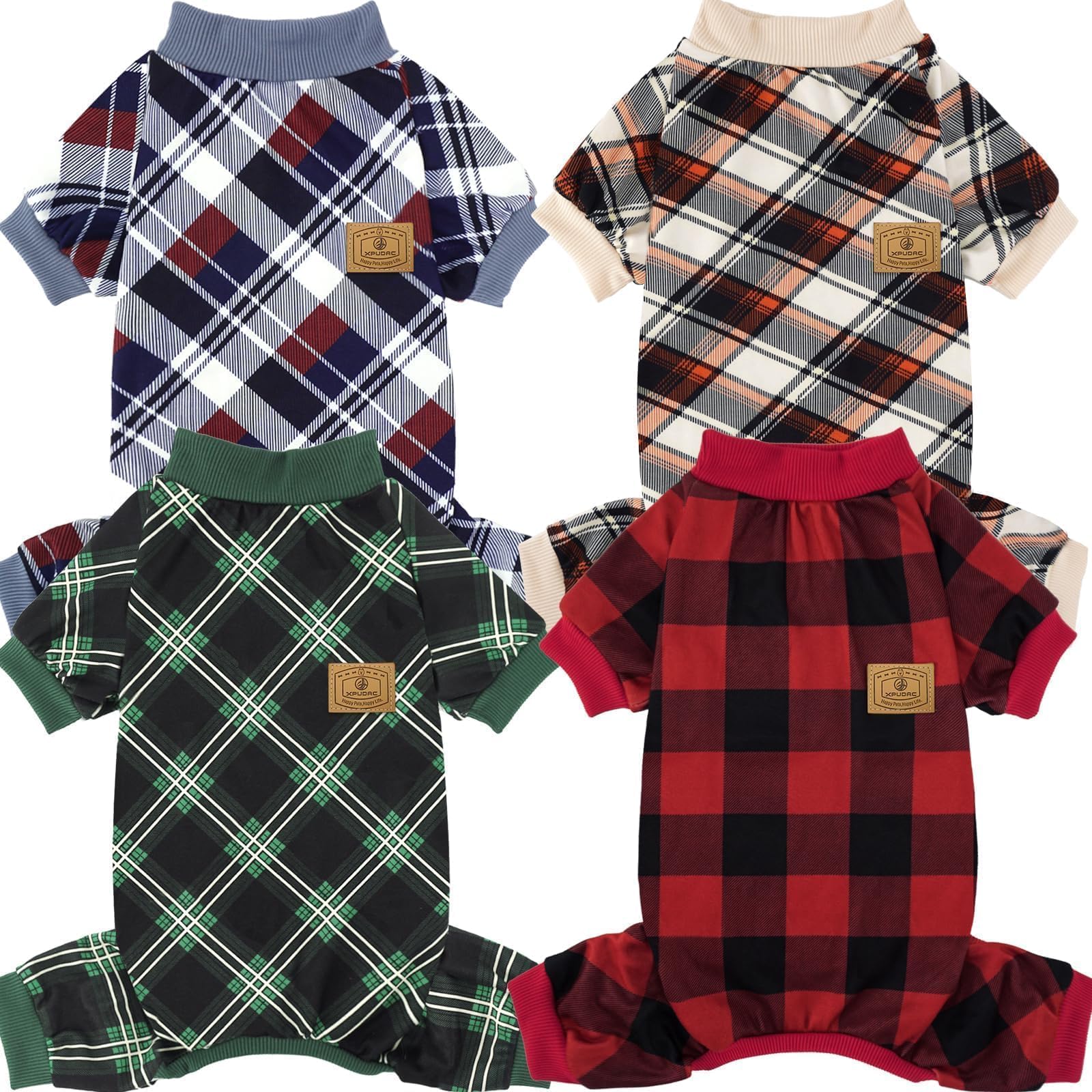 XPUDAC dog pajamas 4-pack plaid Christmas patterns for festive small dogs