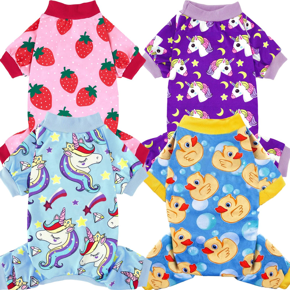XPUDAC four-piece dog pajamas pack showing four plaid patterns for small dogs
